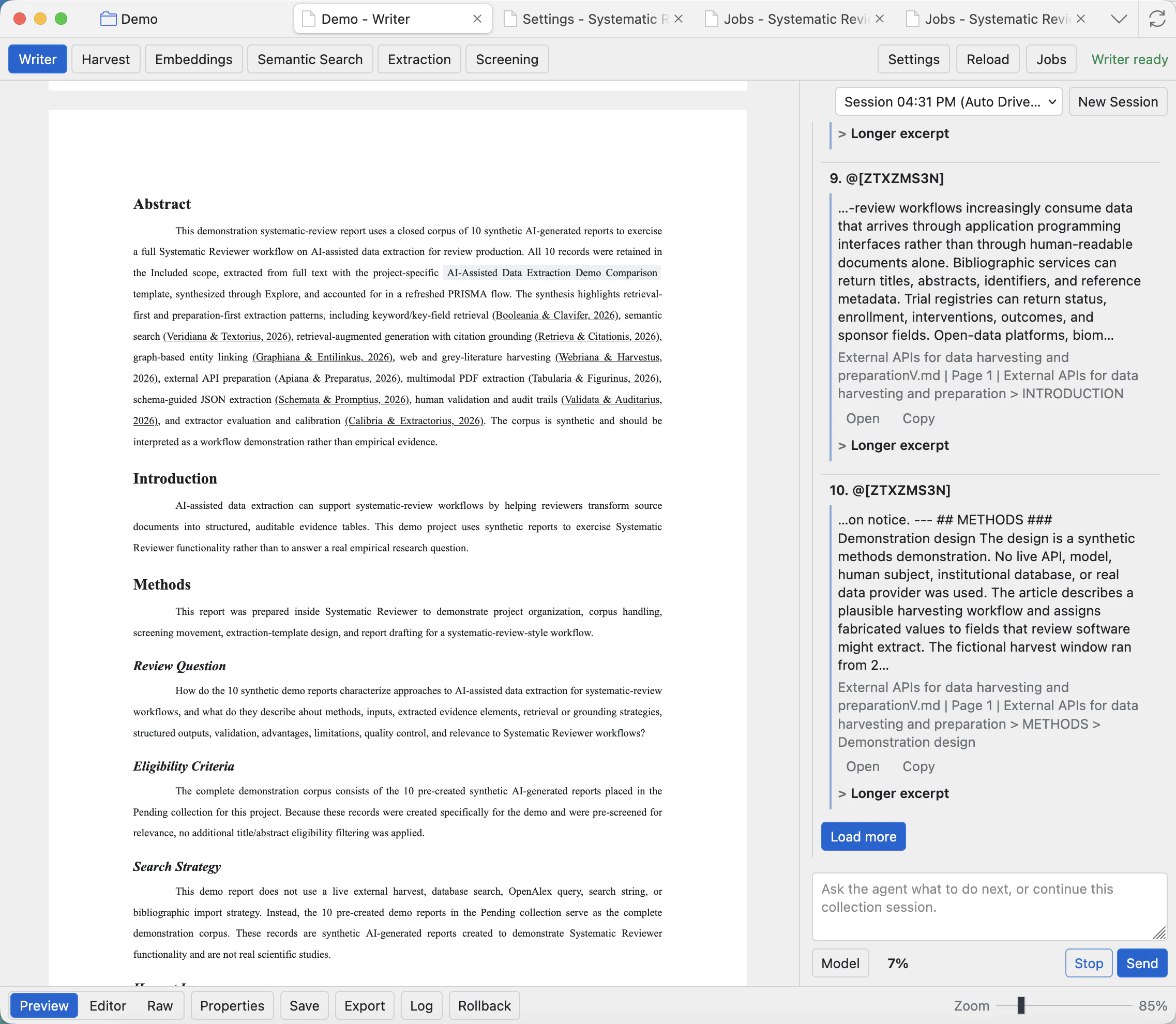 Agent chat showing Find Arguments results with matching records, snippets, Open buttons, Copy buttons, Longer excerpt buttons, and Load more.