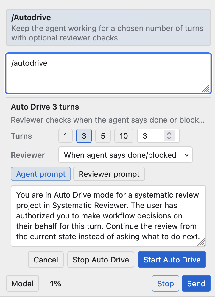 AutoDrive command form with turn count, reviewer check mode, prompts, and Start Auto Drive button.