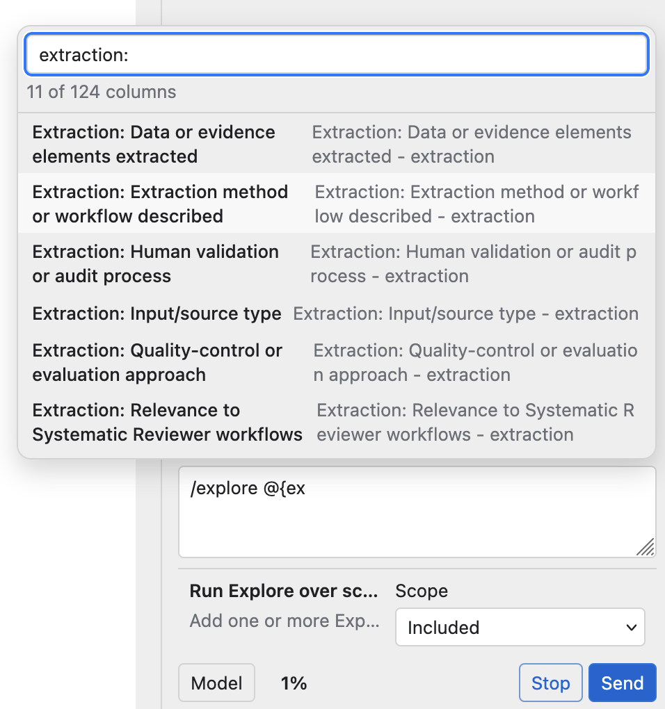 Explore command with extraction field autocomplete suggestions and Included scope.