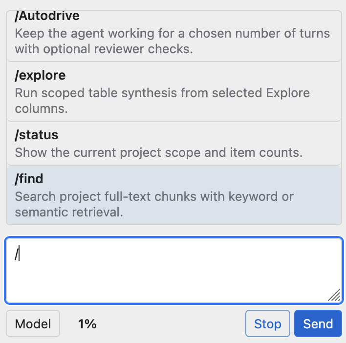 Chat slash command menu listing AutoDrive, explore, status, and find commands.