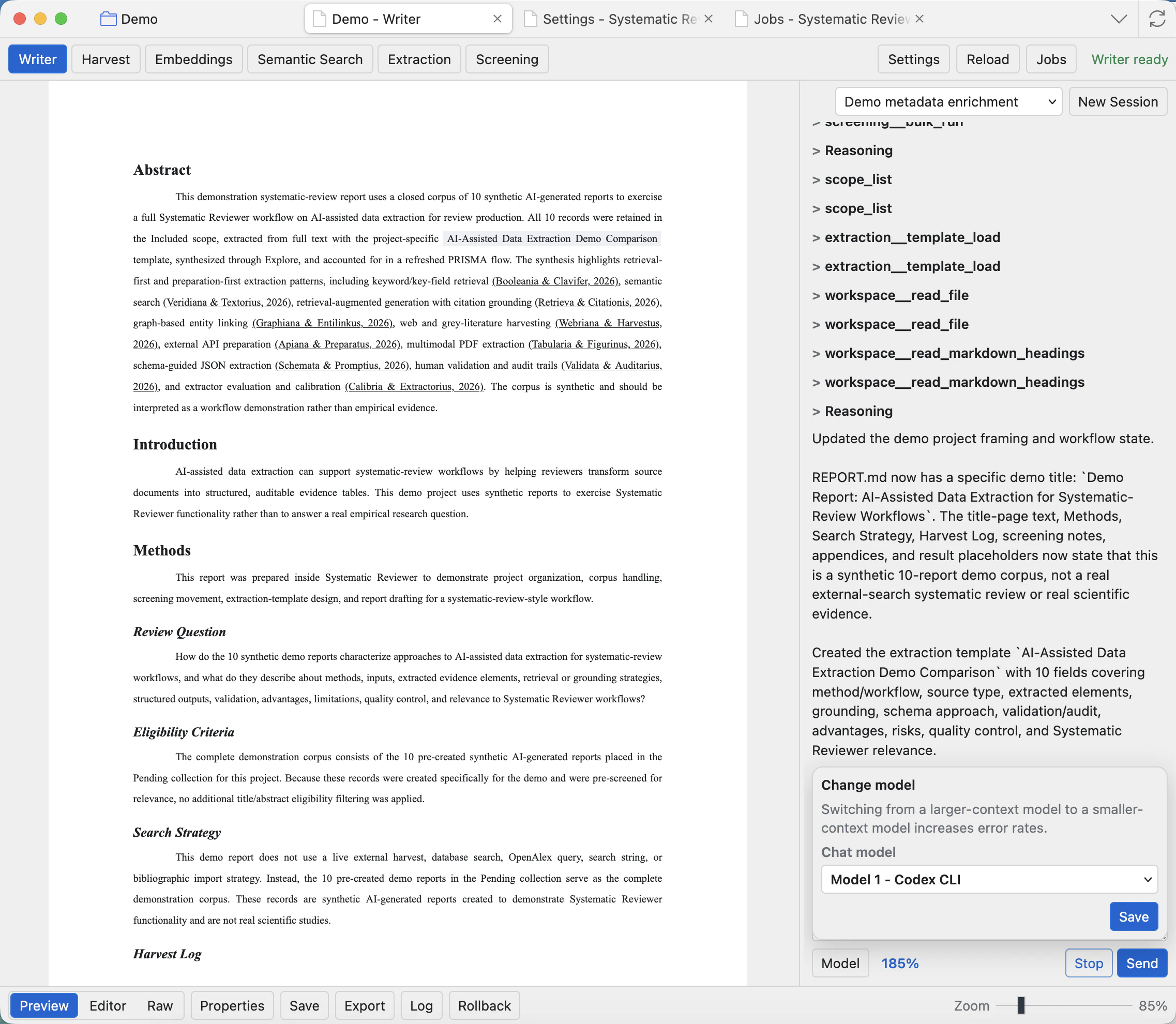 Change model popover showing chat model, OpenCode model, reasoning selector, and Save button.
