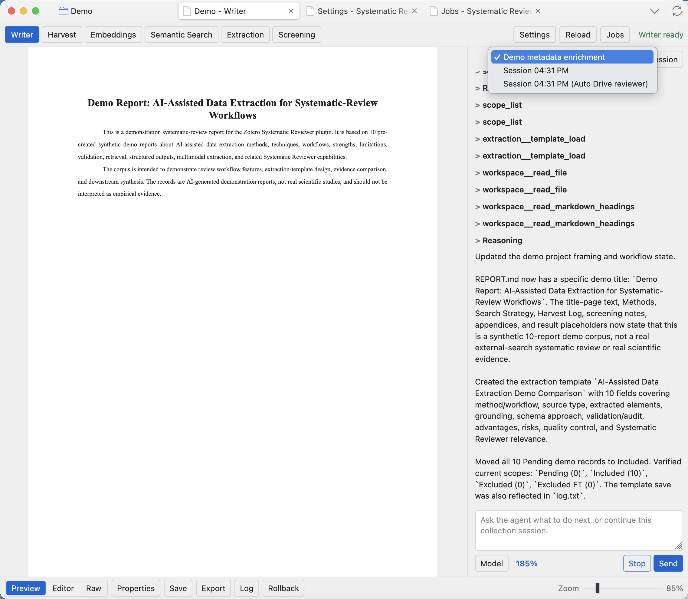 Agent session selector dropdown showing a normal project session and an AutoDrive reviewer session.