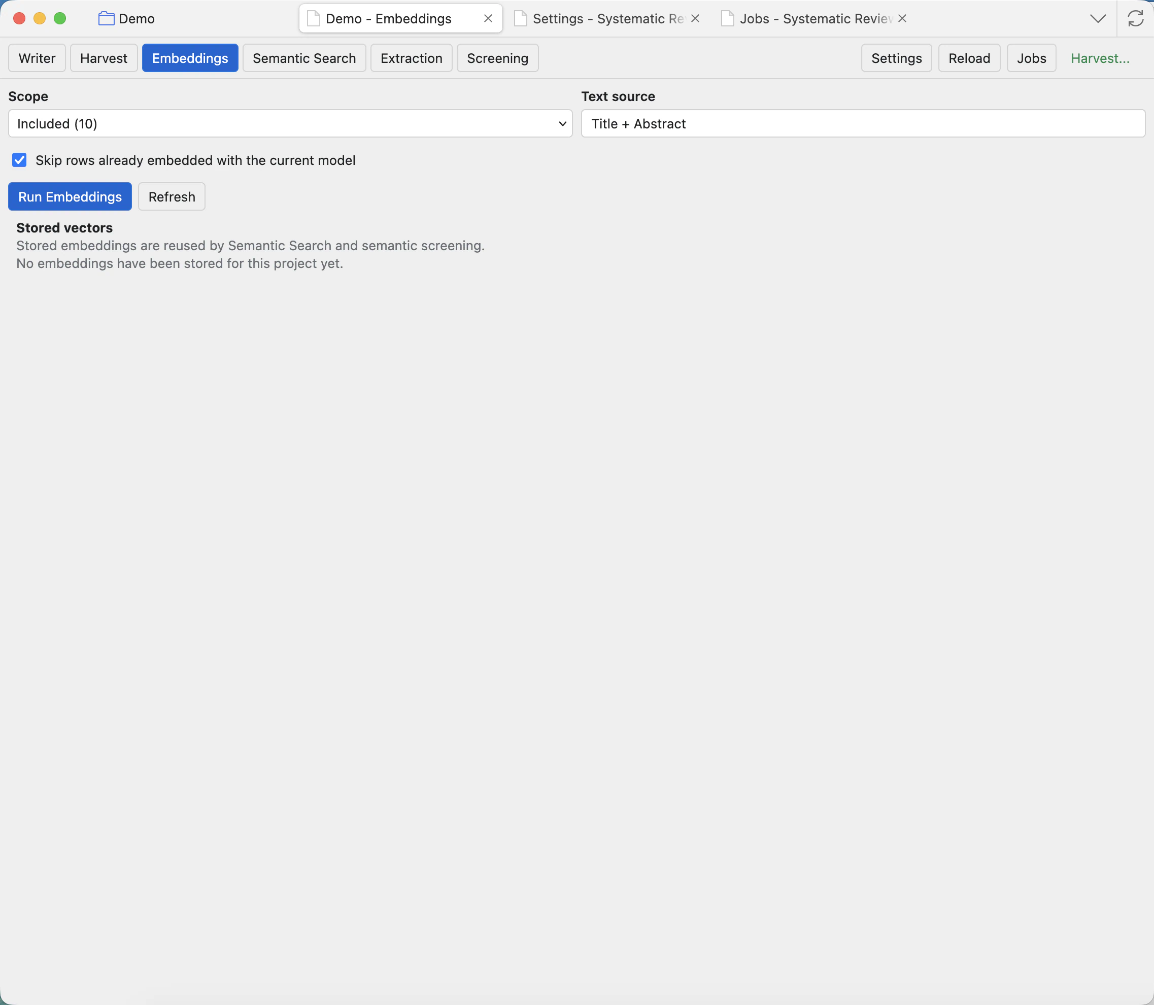 Embeddings tab showing scope, text source, skip-existing option, Run Embeddings button, and stored vector summary.