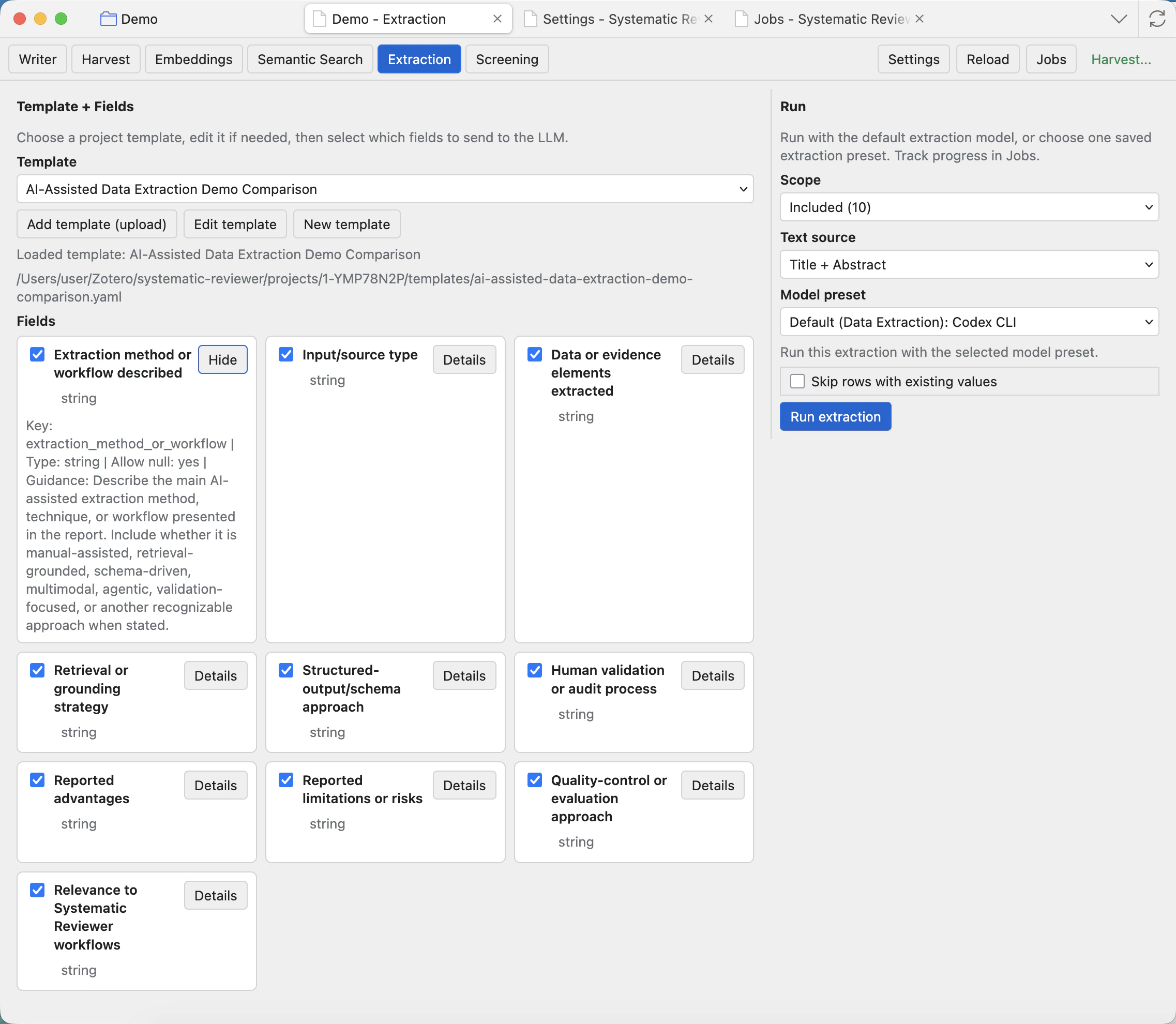 Extraction field details showing field keys, types, guidance, and example JSON values.