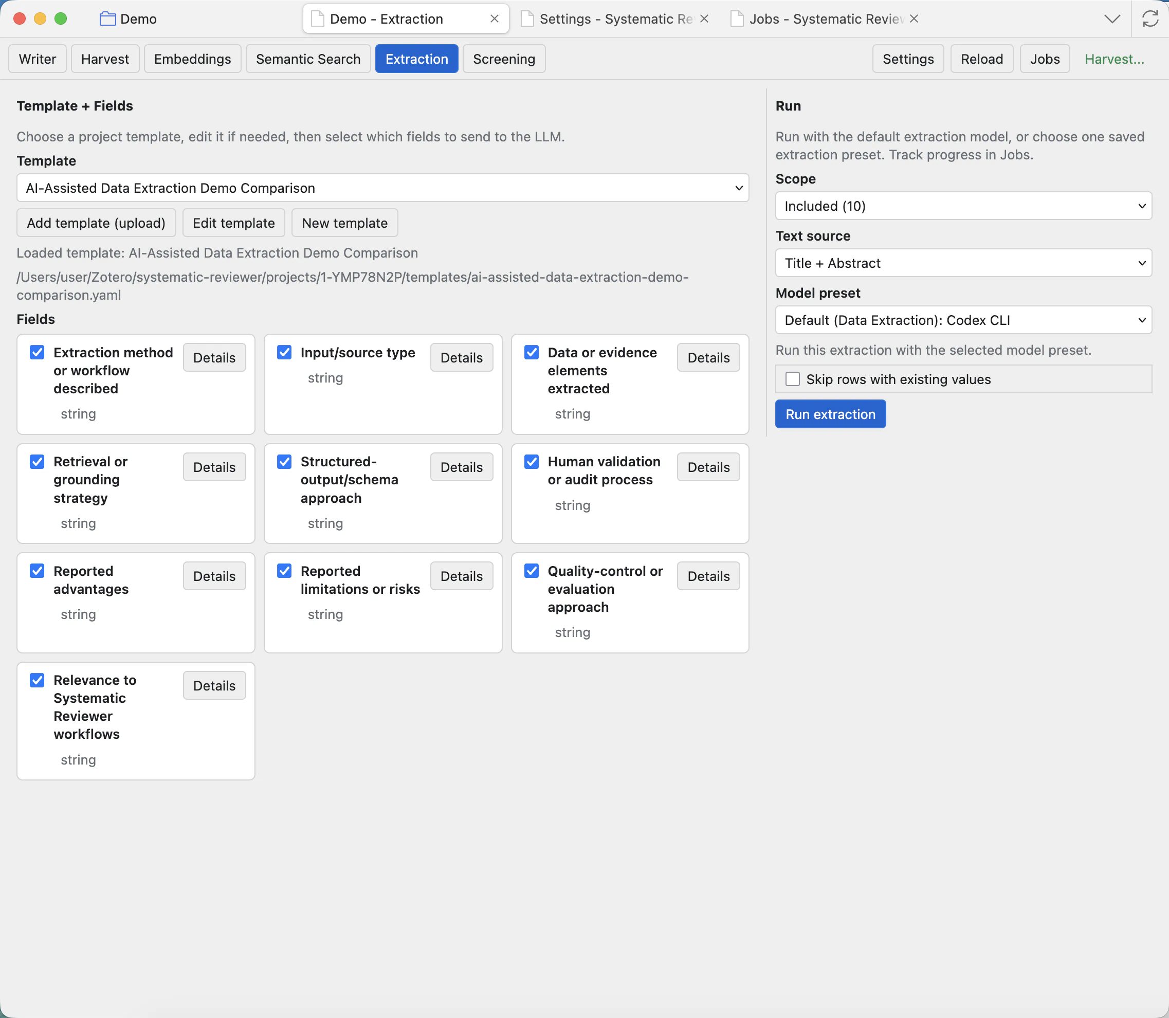Extraction tab showing template selection, field cards, scope settings, text source, model preset, and Run extraction button.