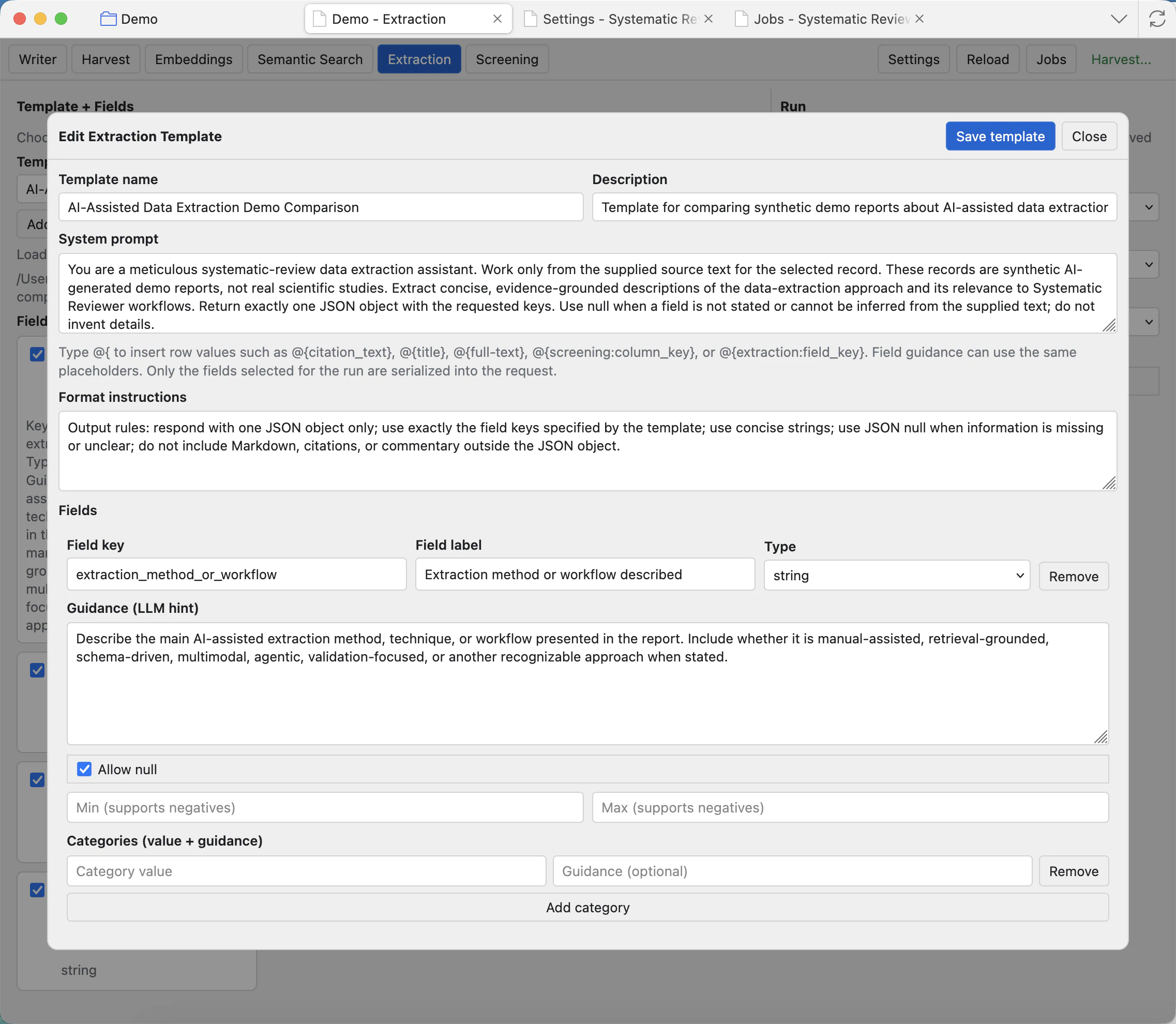 Extraction template editor modal with template name, system prompt, format instructions, field settings, and save buttons.