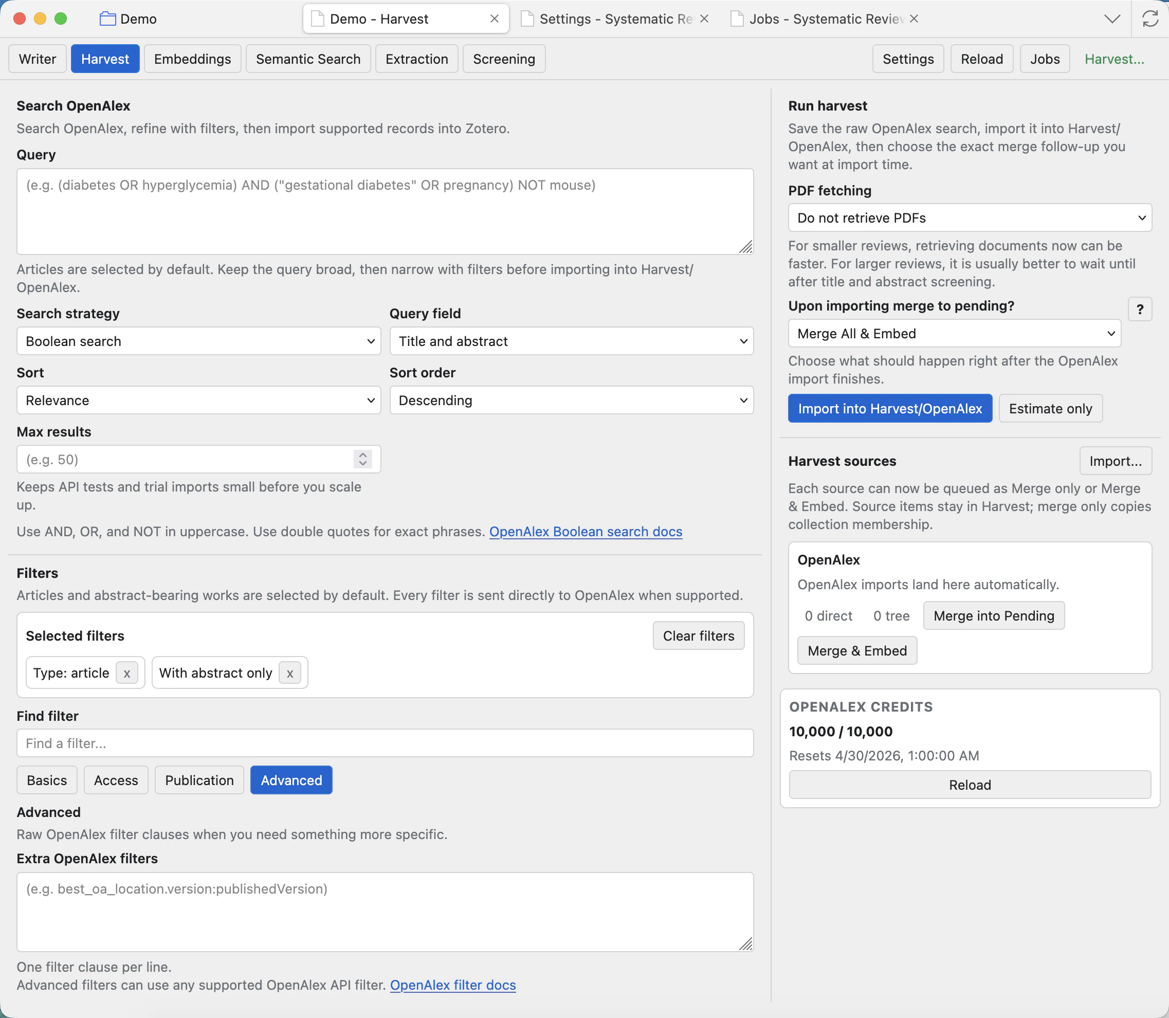 Harvest advanced filters view with filter categories and an extra OpenAlex filters text area.