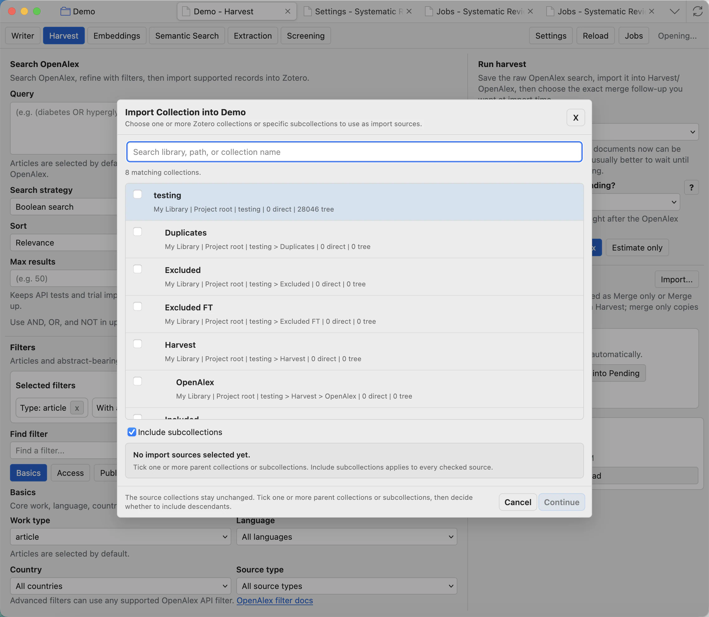 Import Collection modal listing Zotero collections, subcollections, record counts, and Include subcollections option.