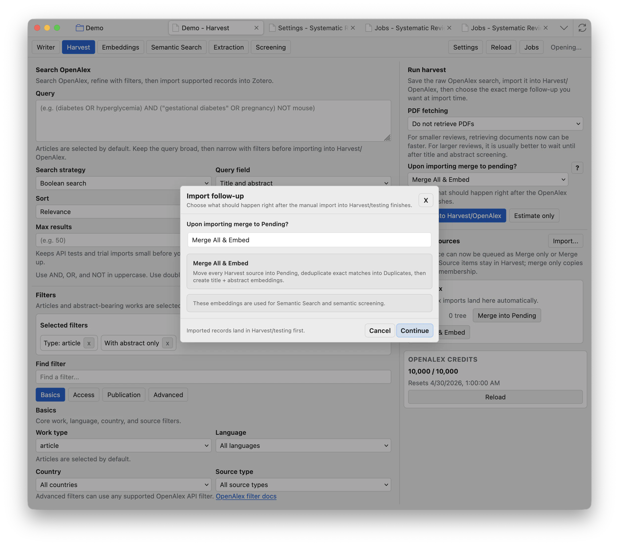 Import follow-up modal asking what should happen after a Harvest import, with Merge All and Embed selected.
