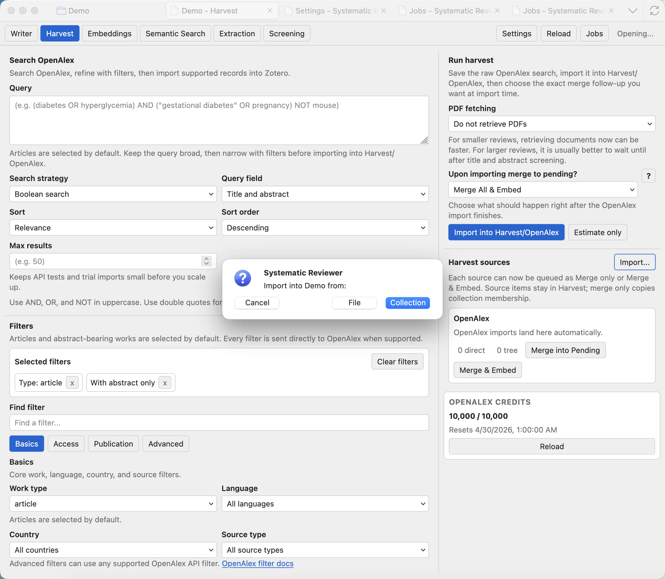 Harvest import prompt asking whether to import into the project from a file or a Zotero collection.
