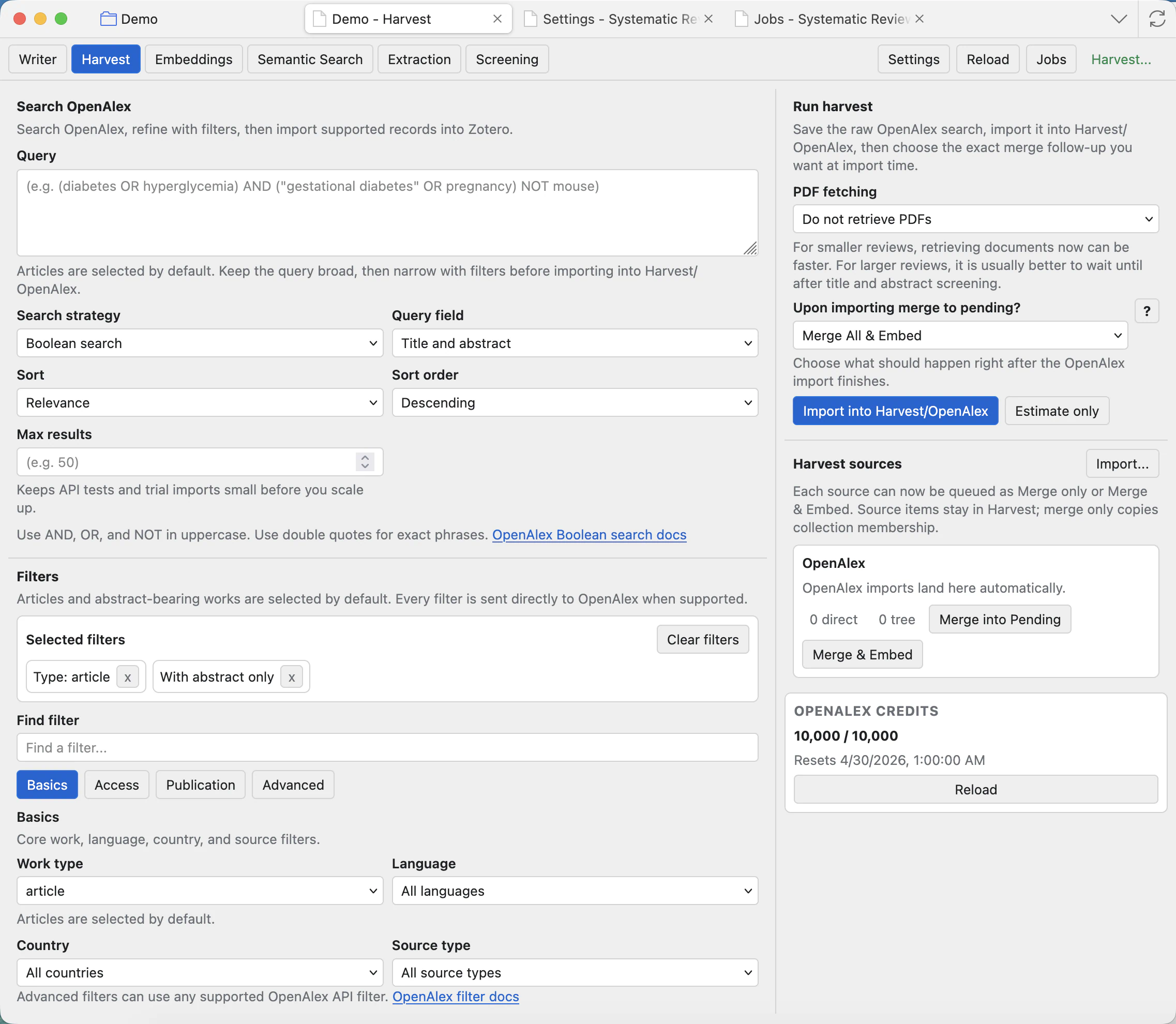 Harvest tab showing an OpenAlex query, filters, OpenAlex credits, import buttons, and harvest sources.