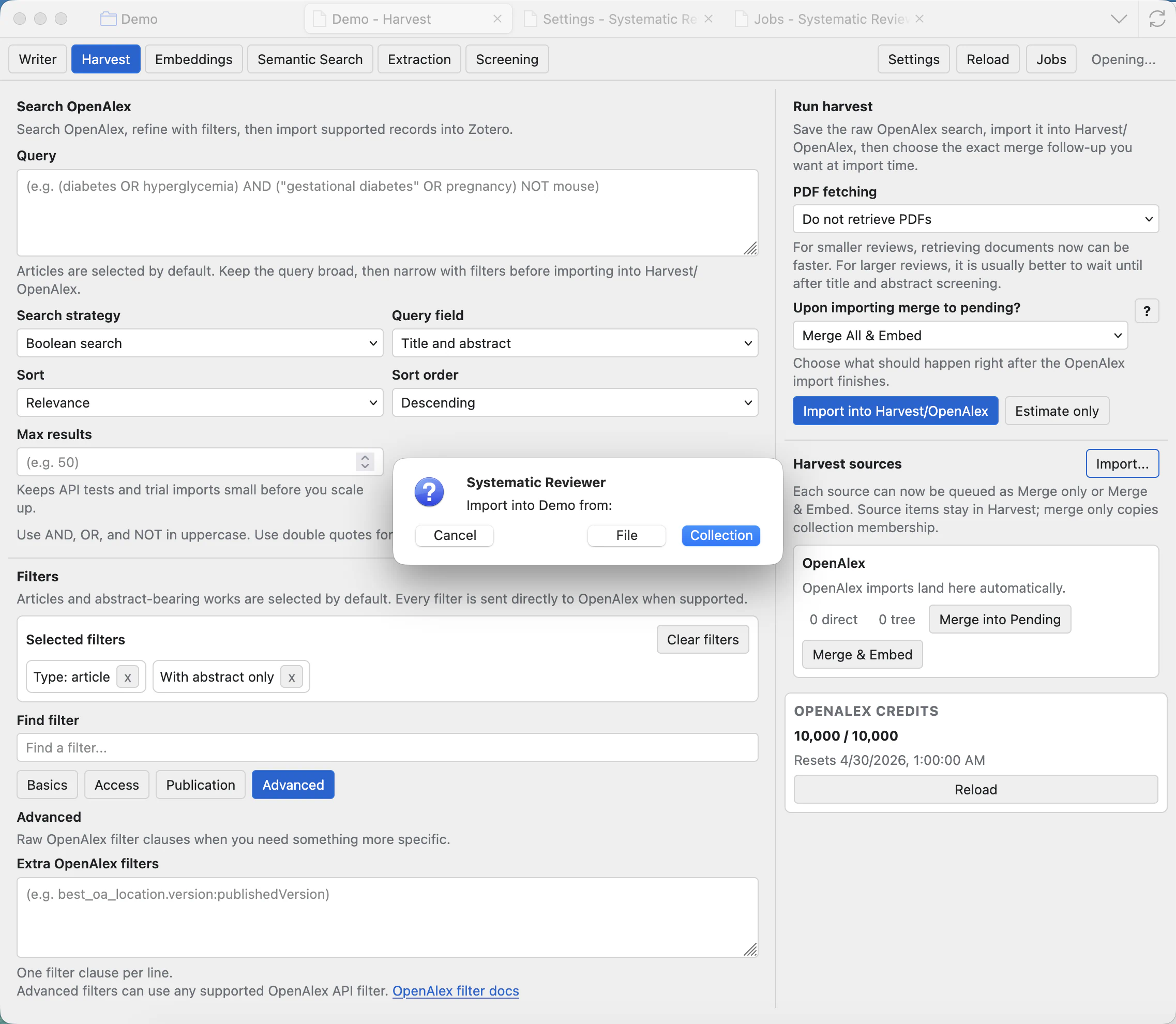 Harvest source import confirmation modal asking whether to import results into the Harvest OpenAlex collection.