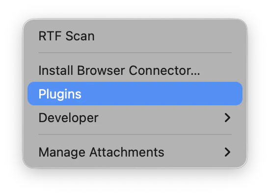 Zotero application menu with Plugins highlighted.