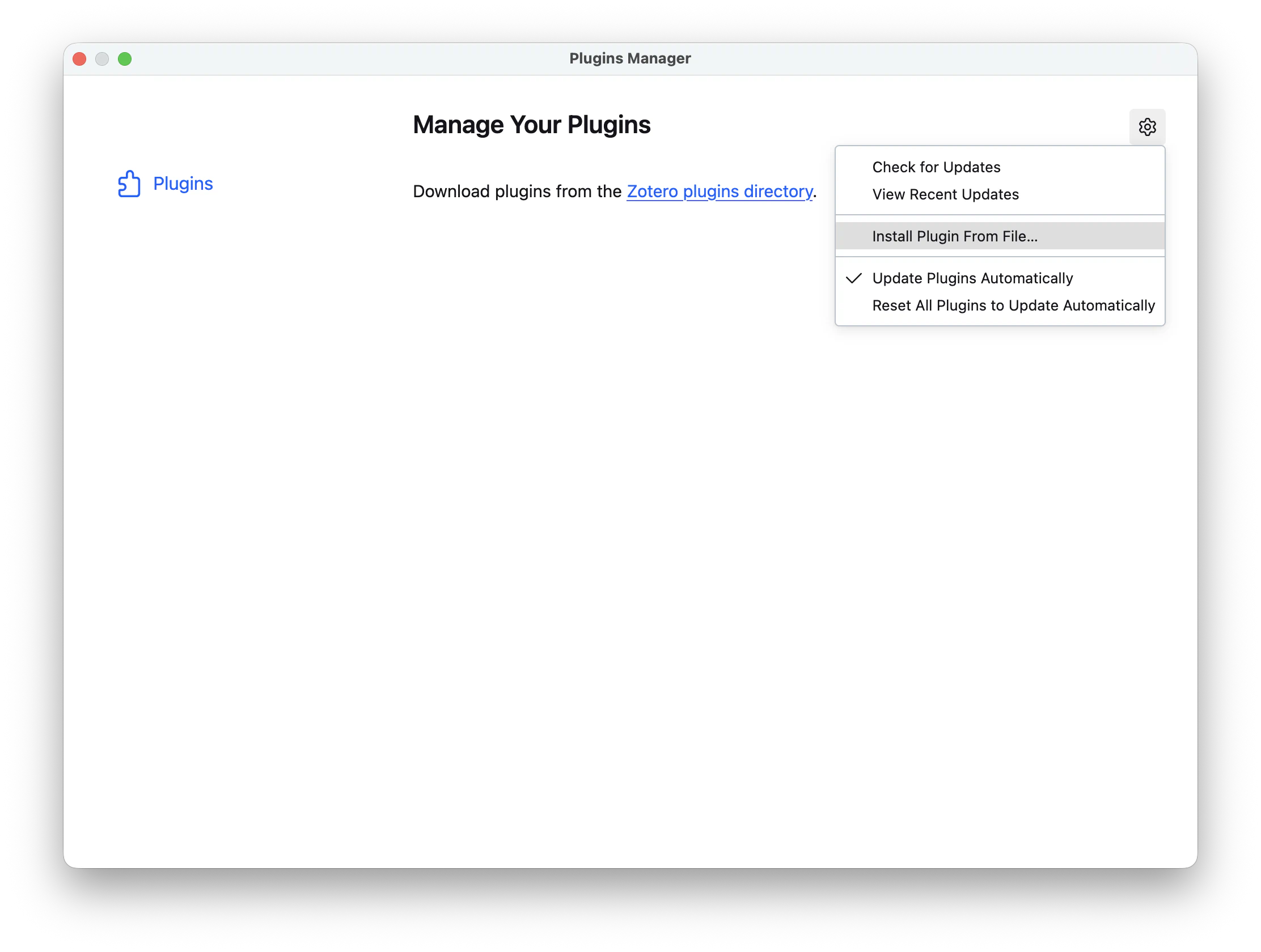 Zotero Plugins Manager with the gear menu open and Install Plugin From File selected.