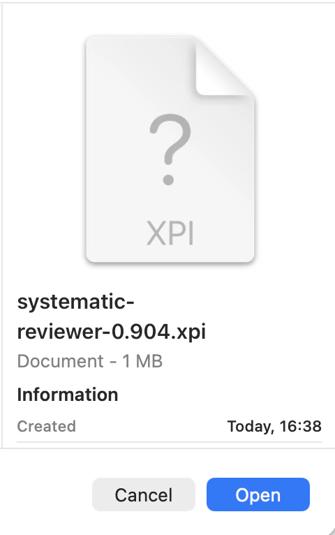 File picker showing a Systematic Reviewer XPI file ready to open.
