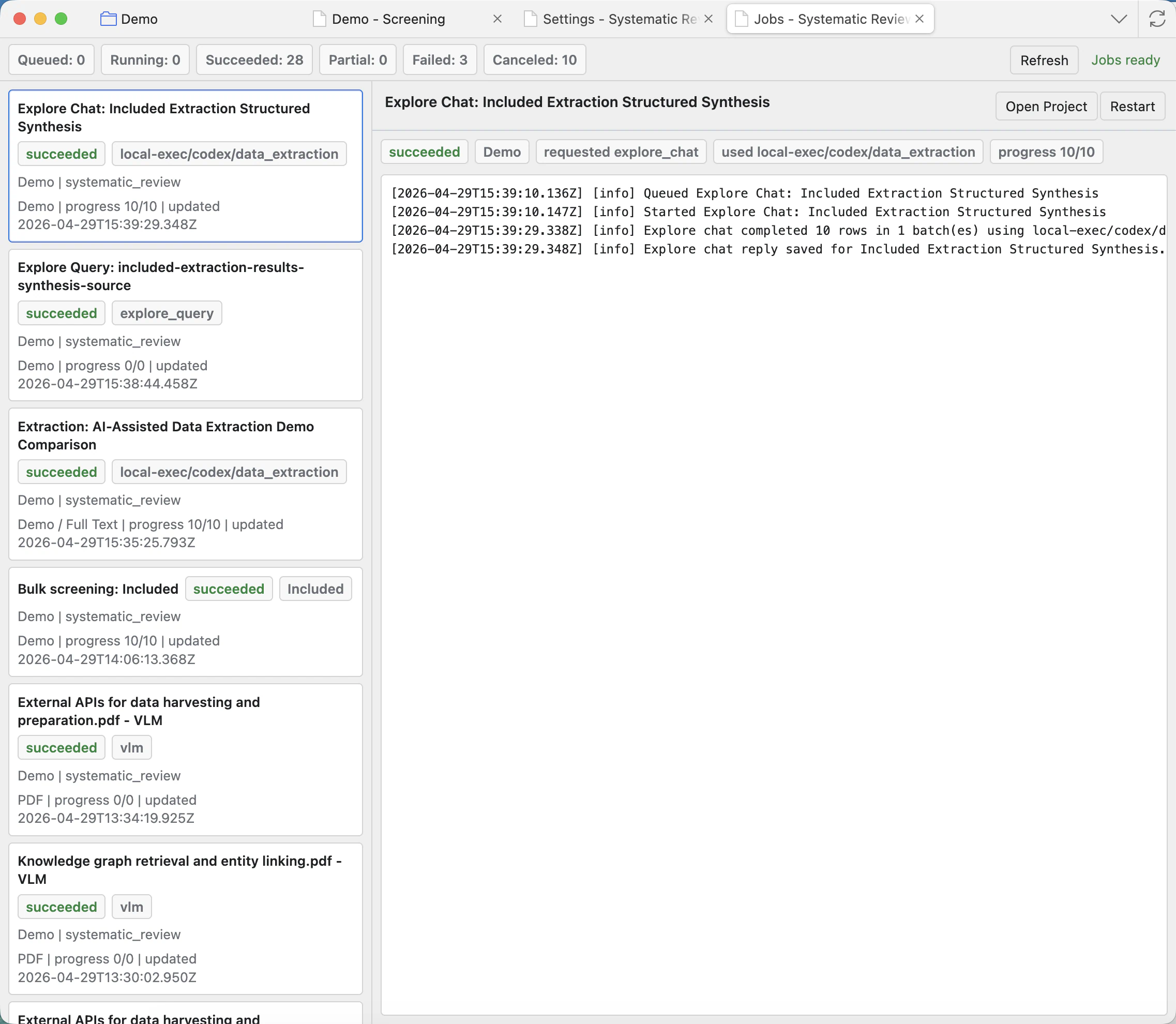 Jobs tab showing summary badges, job list, selected job details, controls, and job logs.
