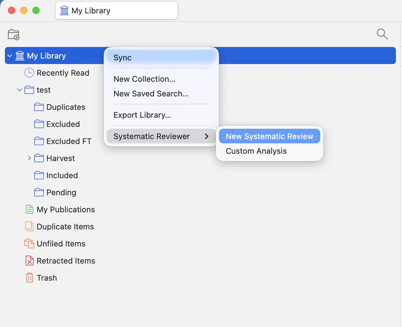 Zotero My Library context menu showing Systematic Reviewer project creation choices.