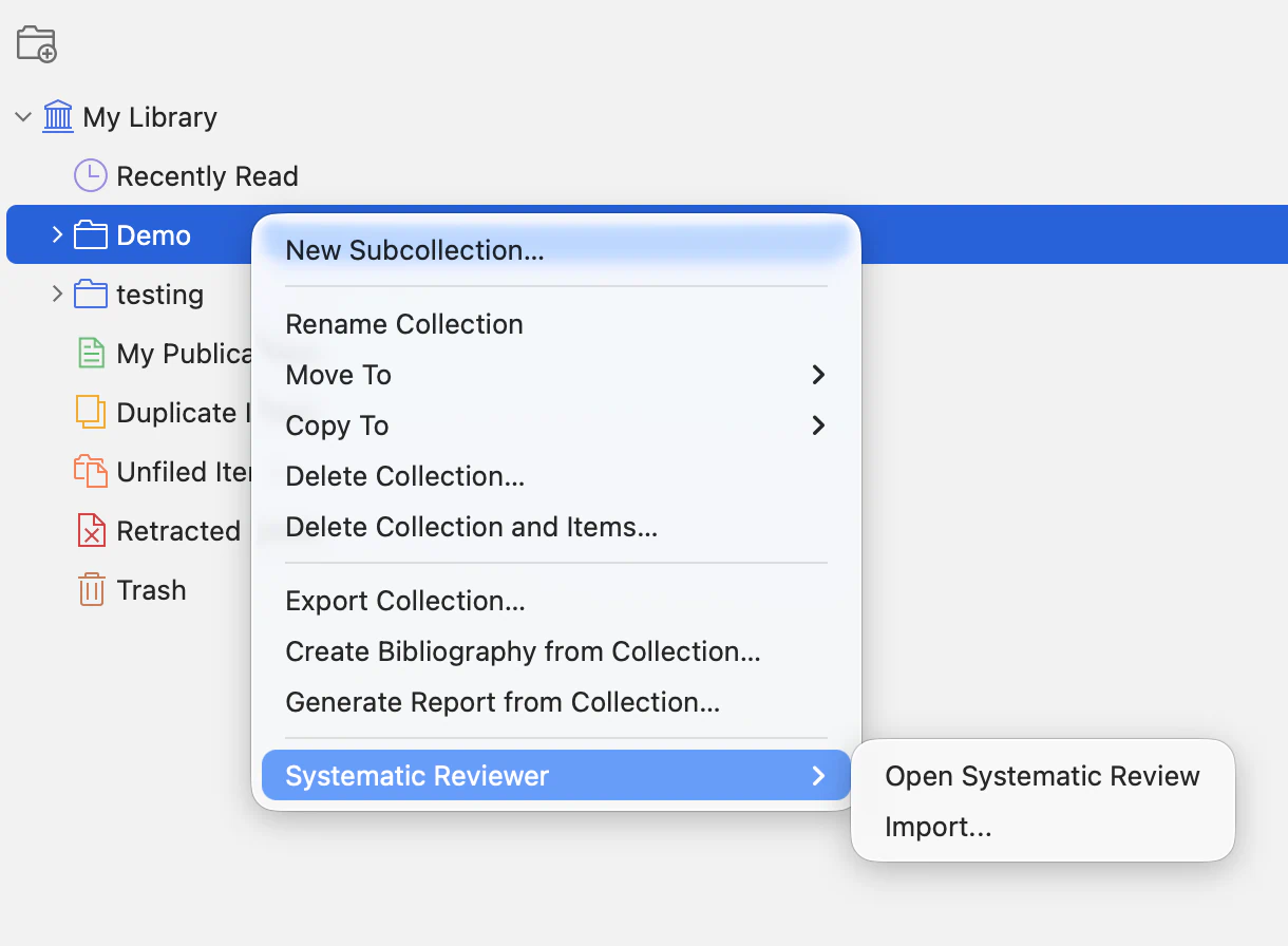 Zotero project collection context menu showing Open Systematic Review.