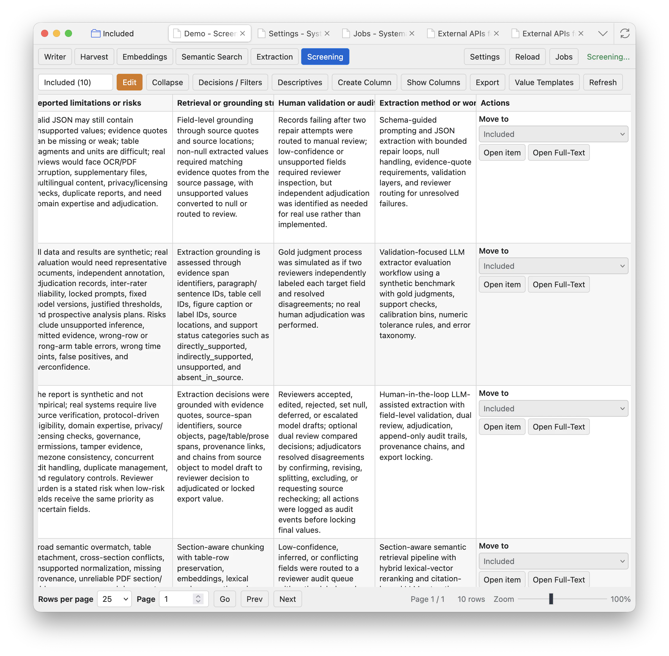 Screening grid focused on the Actions column, showing Move to dropdowns, Open item buttons, and Open Full-Text buttons.