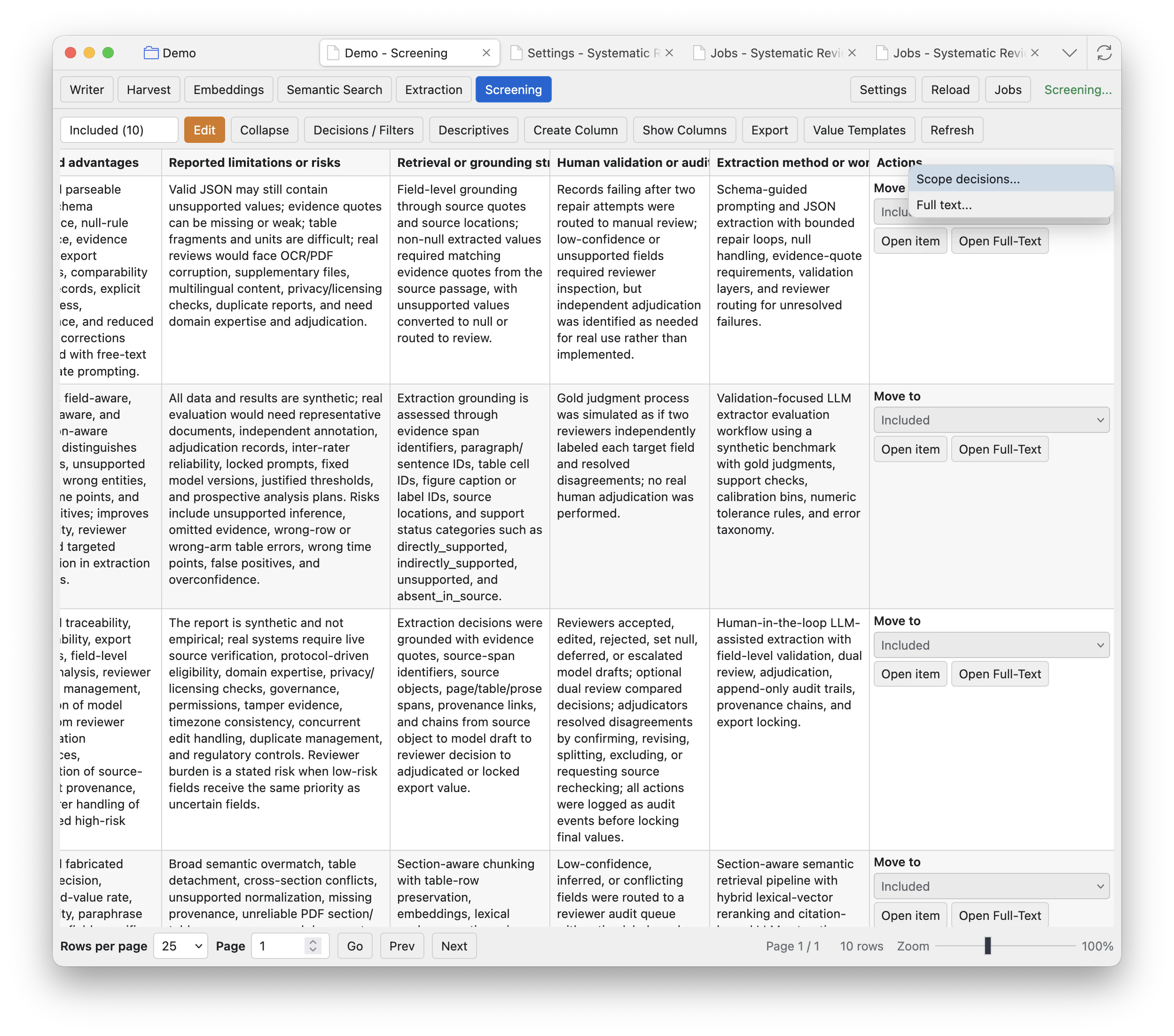 Screening grid with the Actions column secondary-click menu open, showing Scope decisions and Full text options.