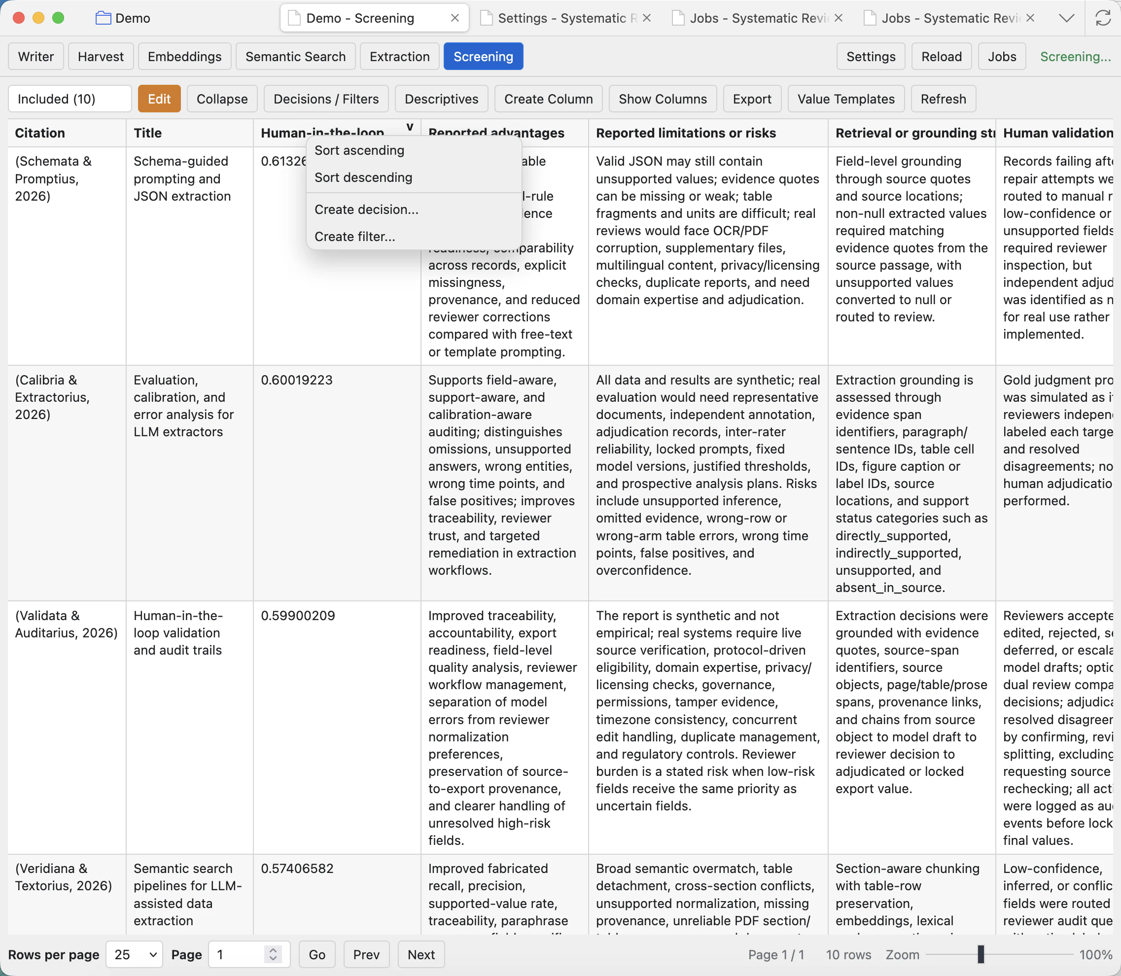 Screening grid with a column header context menu showing Sort ascending, Sort descending, Create decision, and Create filter.