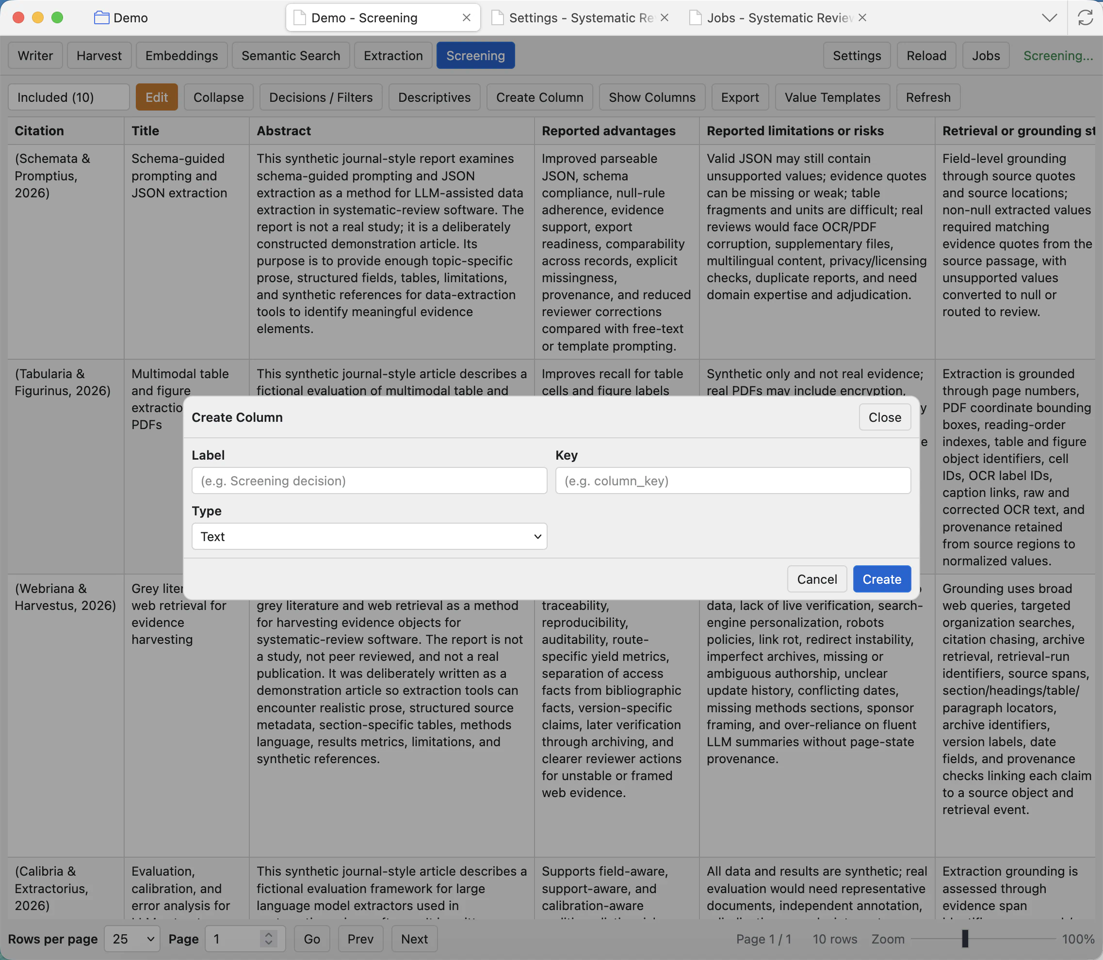 Create Column modal for adding a new screening grid column.