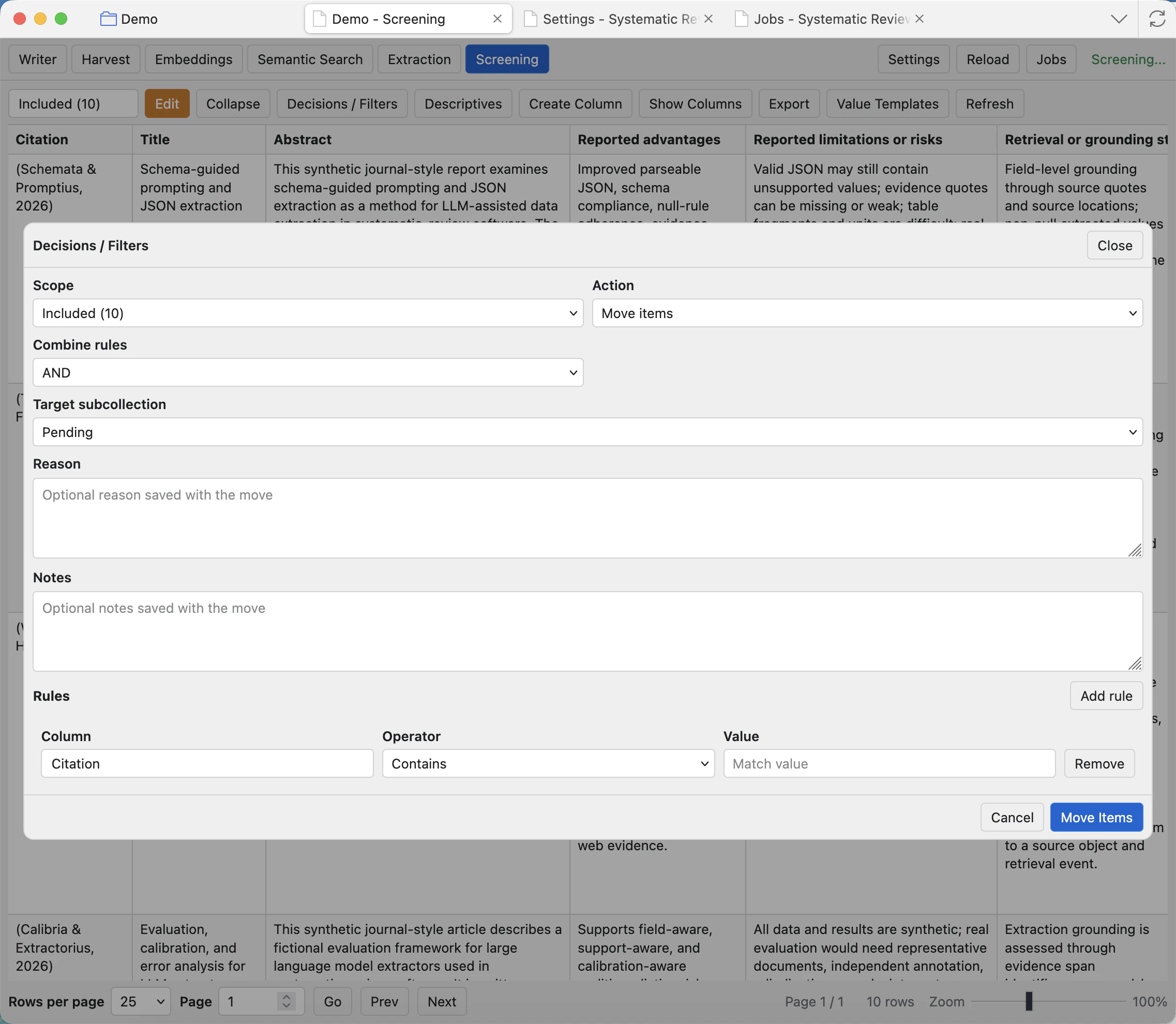Decisions and Filters modal with scope, action, rules, reason, notes, and Move Items button.
