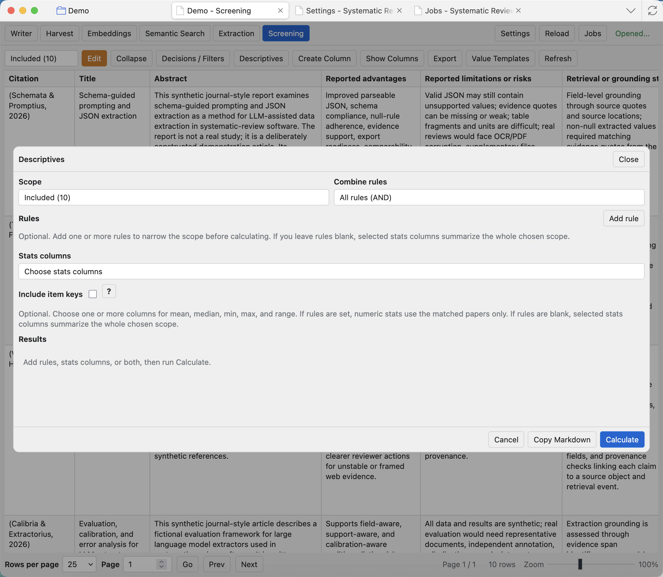 Descriptives modal with scope, combine rules, filter rules, stats columns, include item keys, Copy Markdown, and Calculate controls.