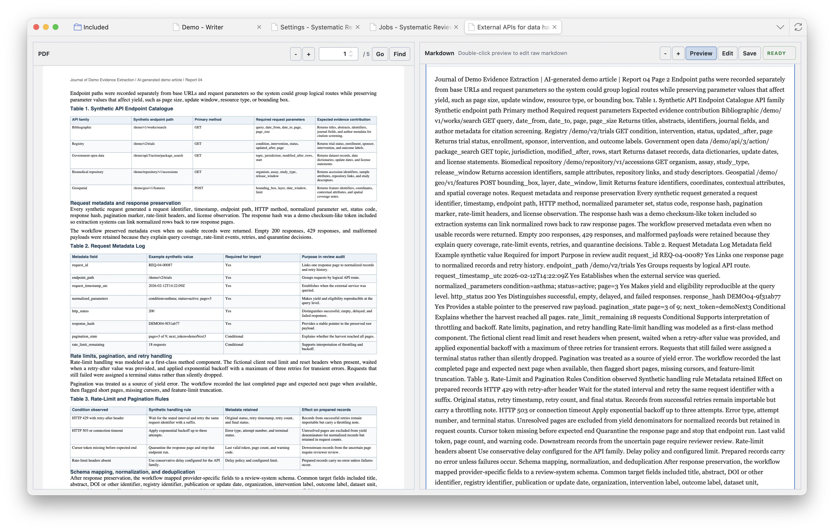 Full-text viewer showing a PDF on the left and a fast converted Markdown view on the right.