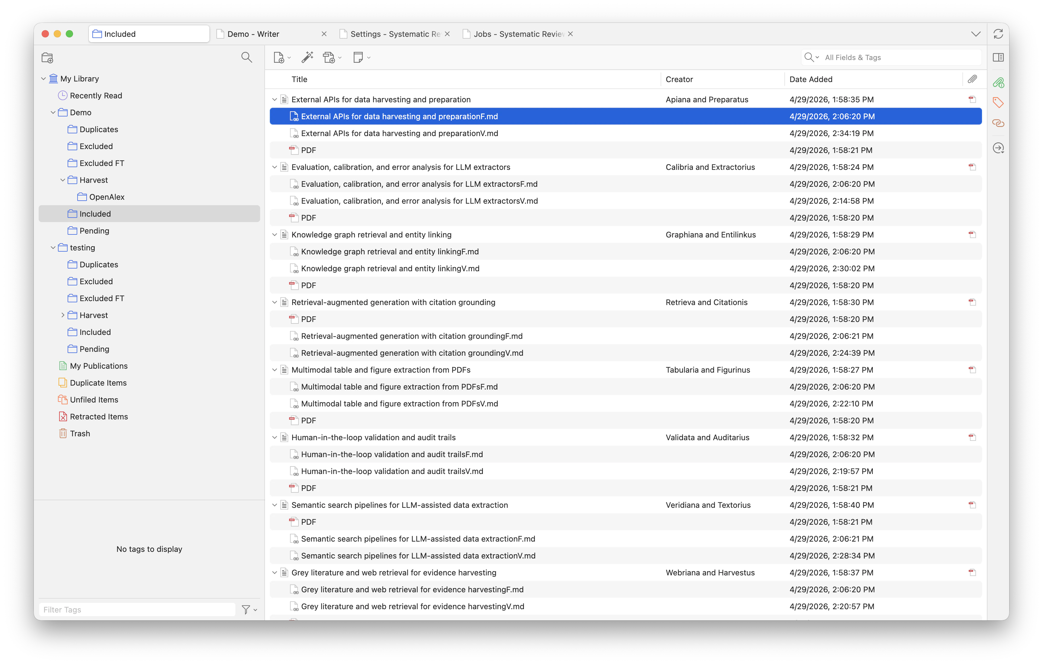 Zotero item list showing source PDFs and converted Markdown attachments with F and V suffixes.