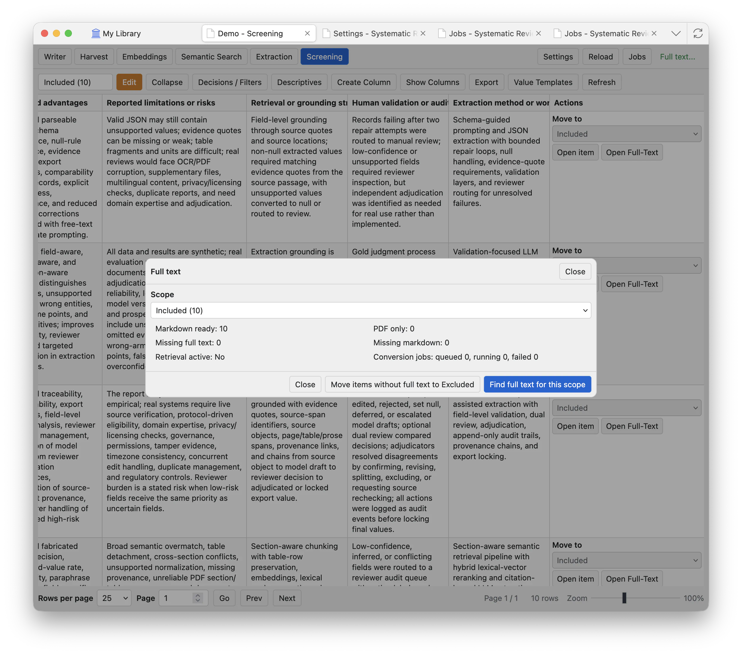 Full text modal showing scope, Markdown ready count, PDF only count, missing full text count, missing Markdown count, retrieval status, and action buttons.