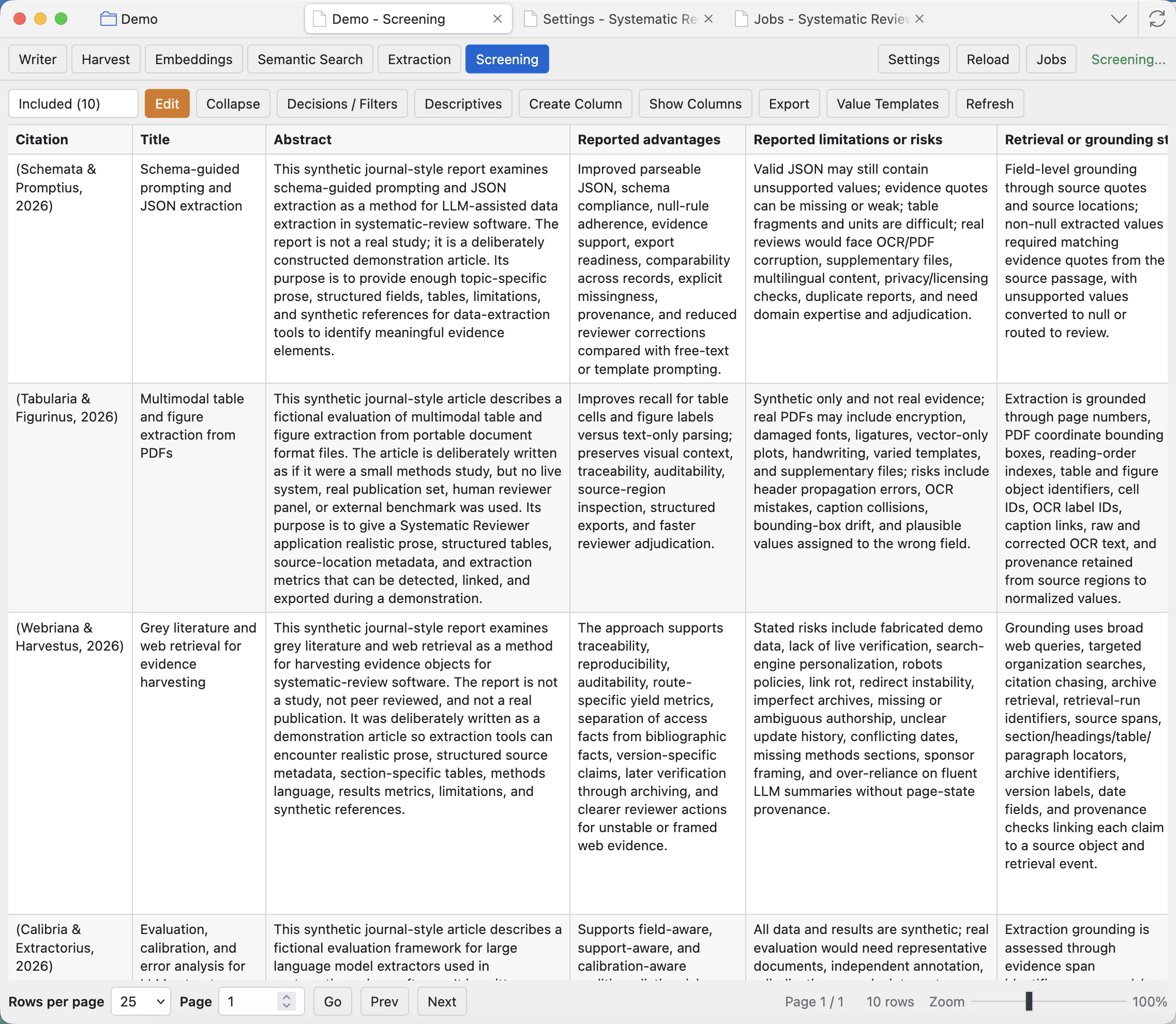 Screening tab showing scope dropdown, toolbar buttons, row grid, pagination, row count, and zoom control.