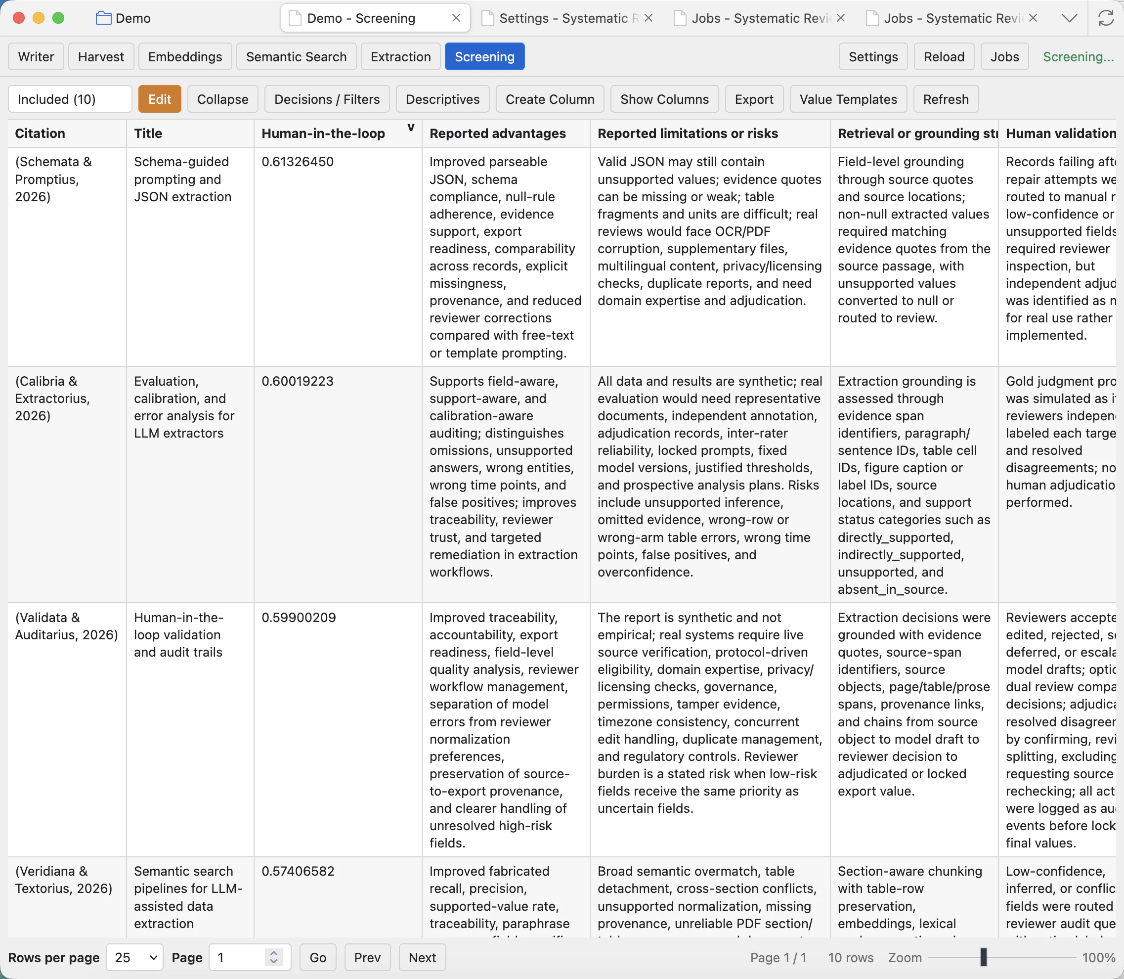 Screening grid showing a generated semantic score column beside citation, title, and extraction columns.