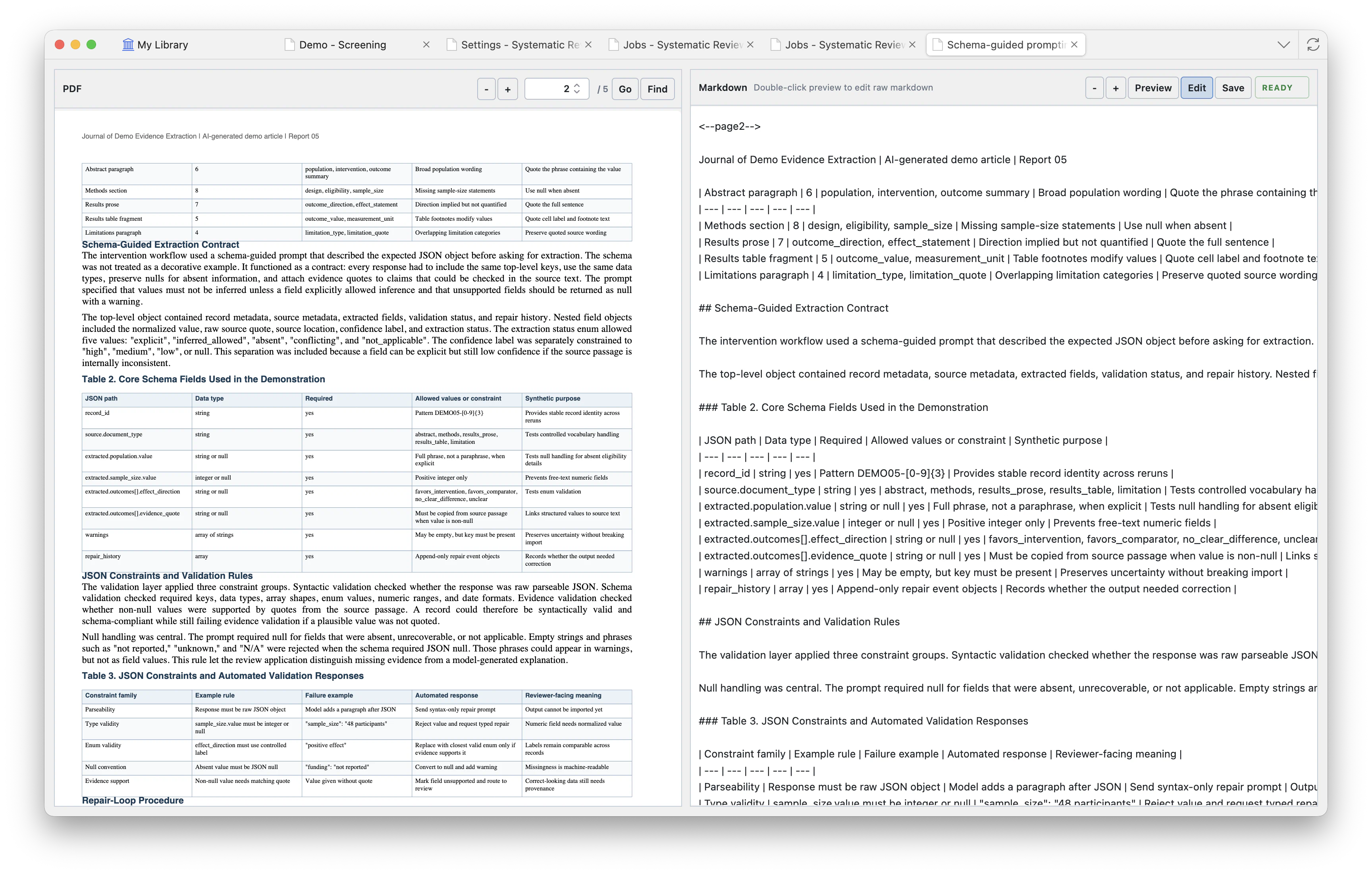 Full-text viewer in Markdown edit mode with the PDF on the left and editable Markdown text on the right.