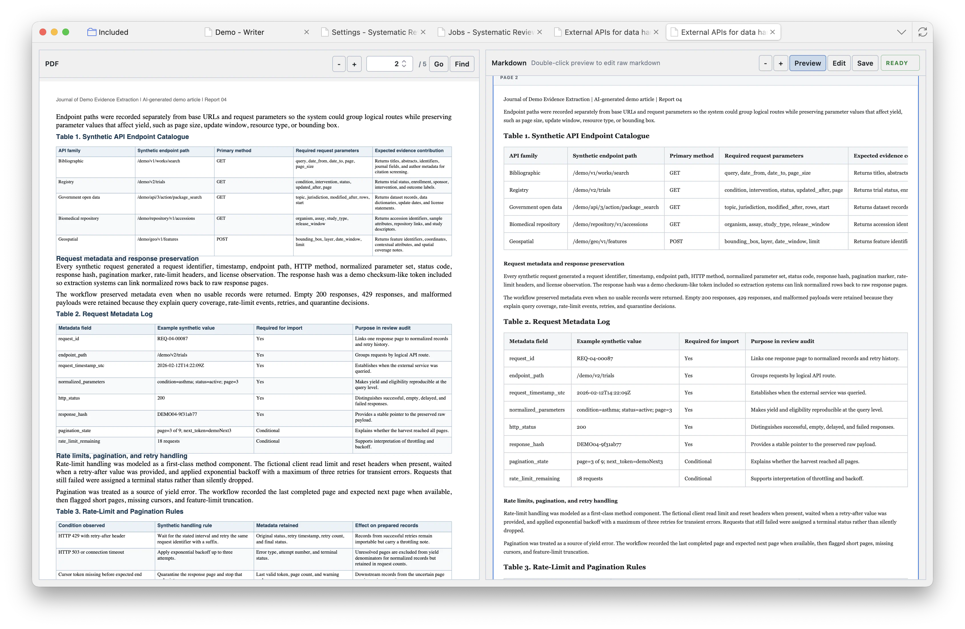 Full-text viewer showing a PDF on the left and a PDF/VLM converted Markdown preview with tables preserved on the right.