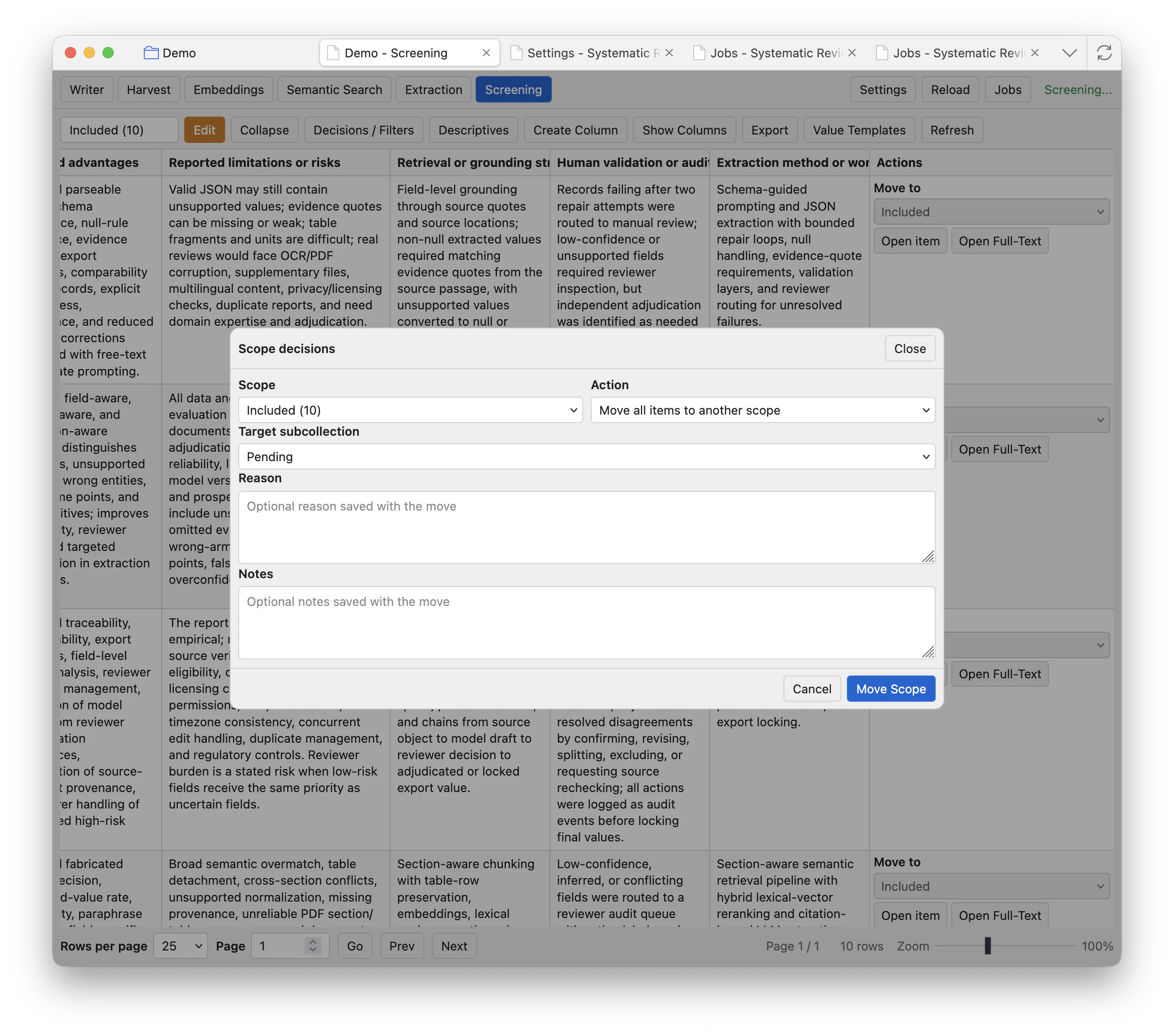 Scope decisions modal with source scope, action, target subcollection, reason, notes, and Move Scope button.