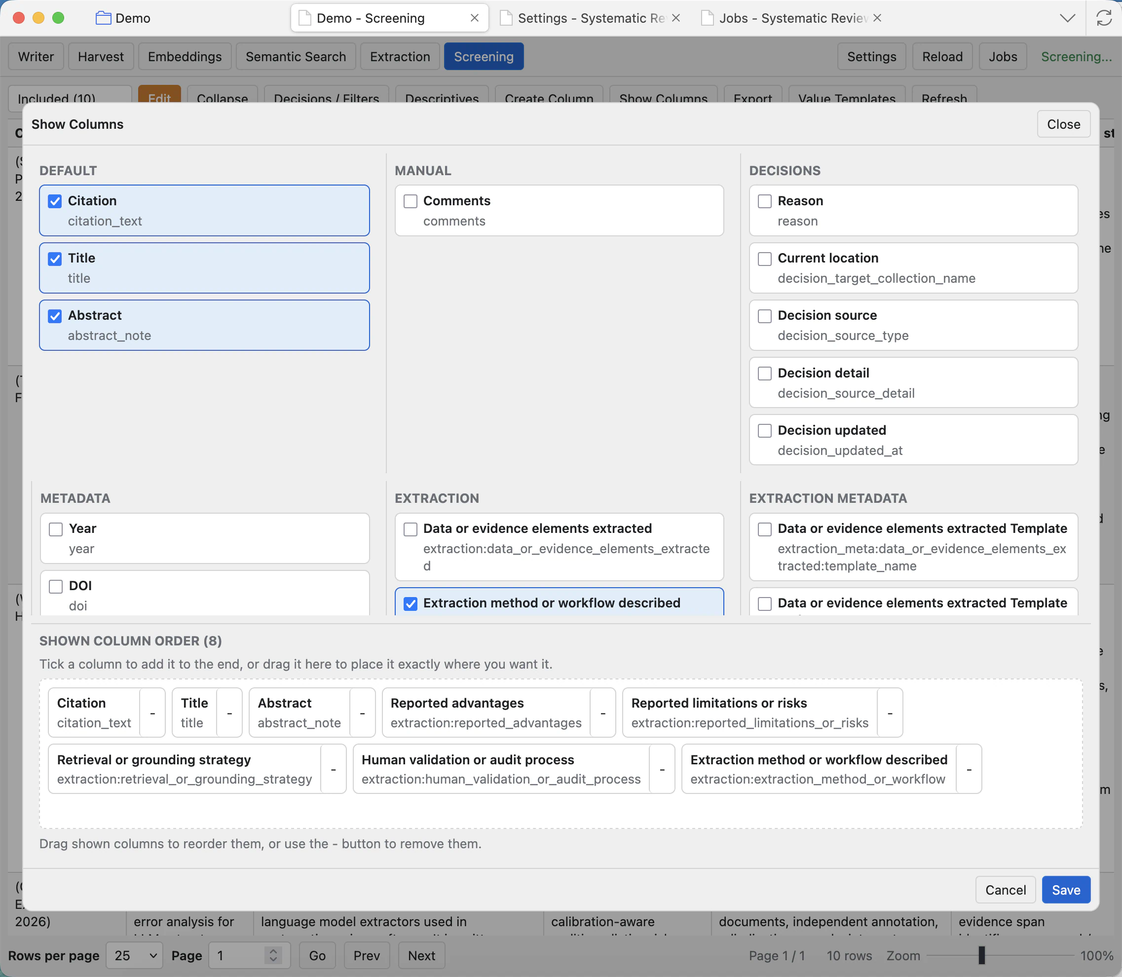 Show Columns modal with Default, Manual, Decisions, Extraction, Scores, and shown column order areas.