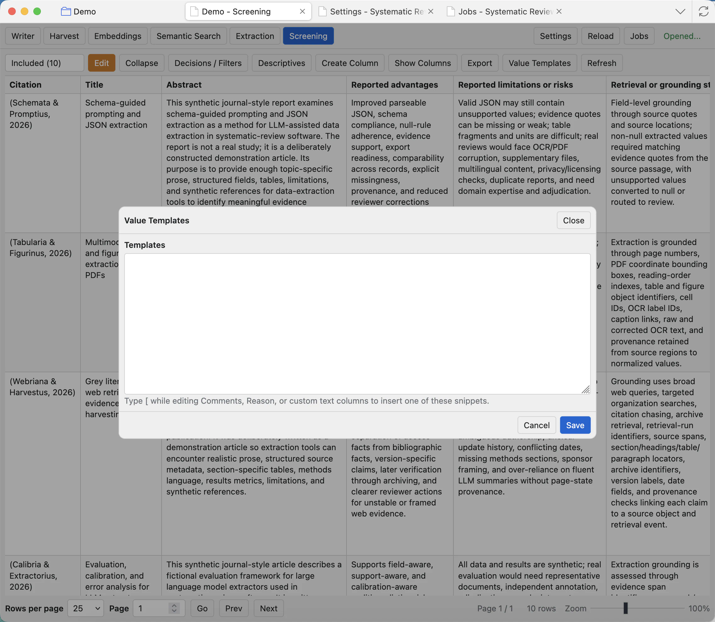 Value Templates modal with template text area, Close, Cancel, and Save controls.