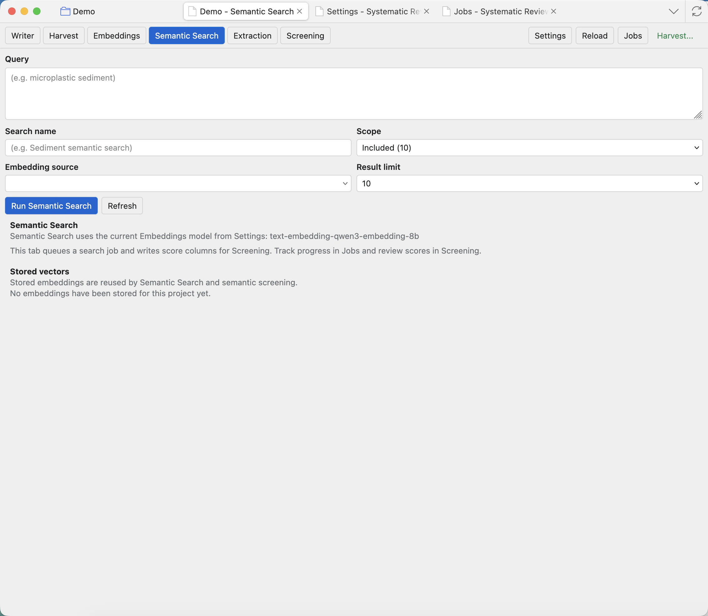 Semantic Search tab showing query text area, search name, scope, embedding source, result limit, and Run Semantic Search button.
