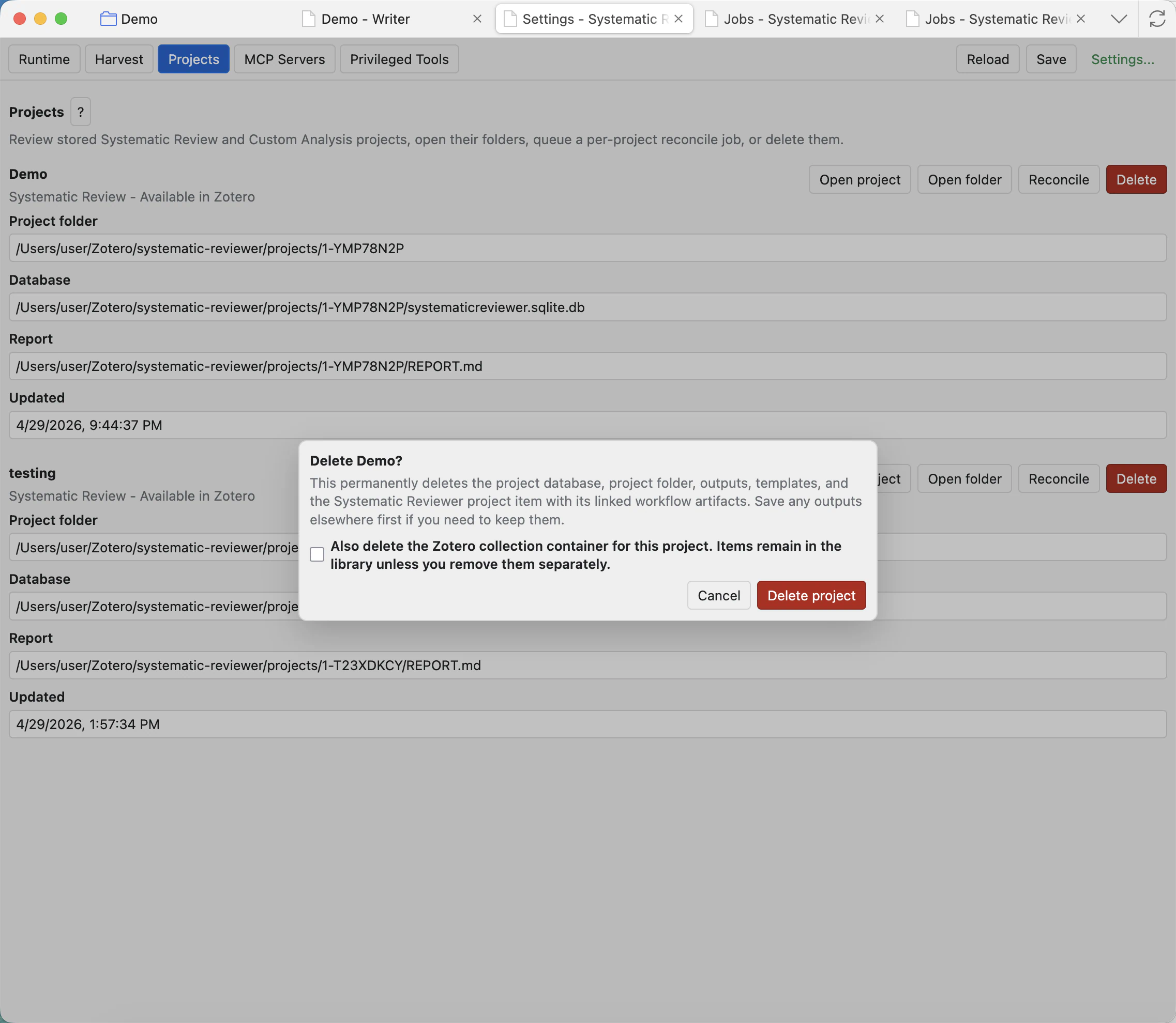 Delete project confirmation modal with warning text, optional collection container checkbox, Cancel, and Delete project buttons.