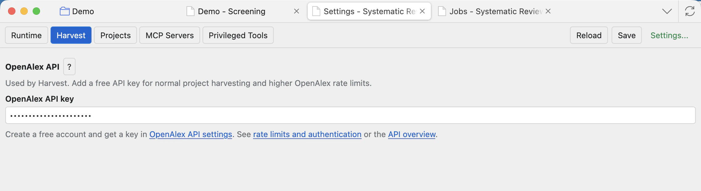 Settings Harvest tab with OpenAlex API key settings and help text.