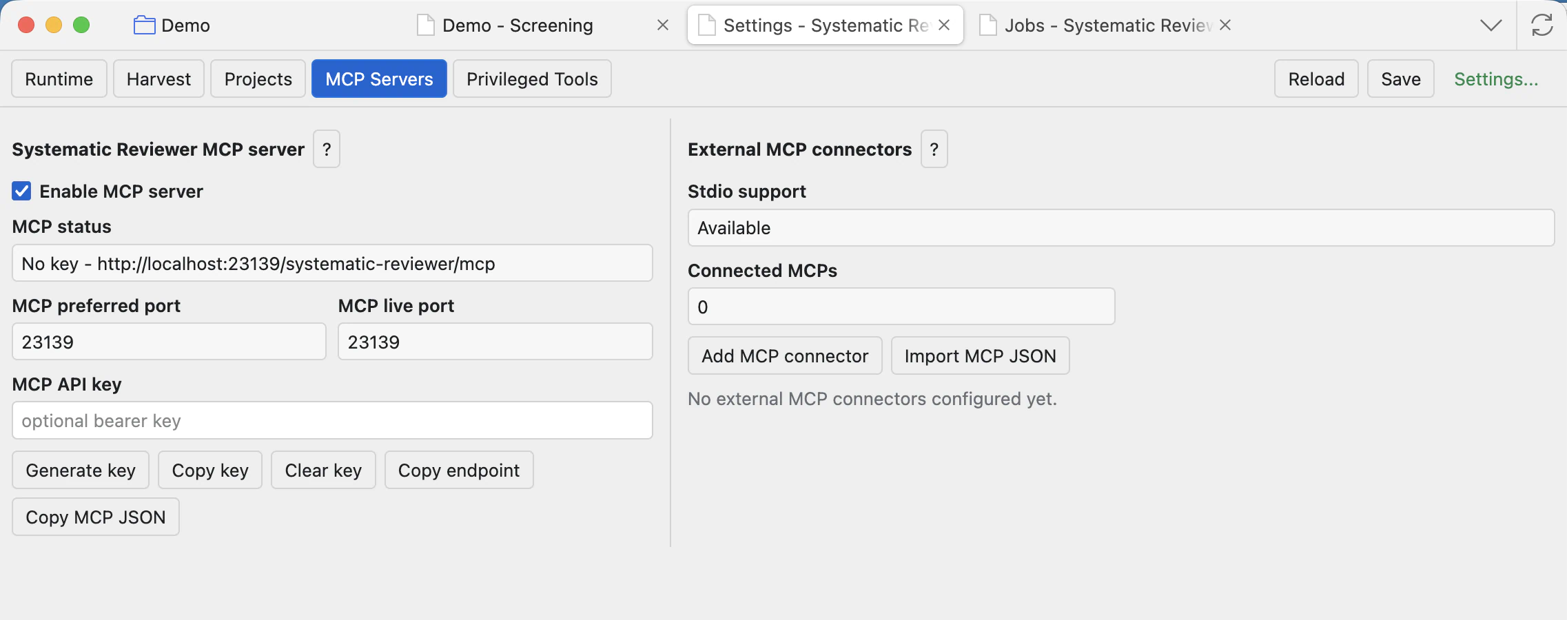 Settings MCP Servers tab showing built-in MCP server settings and external MCP server area.