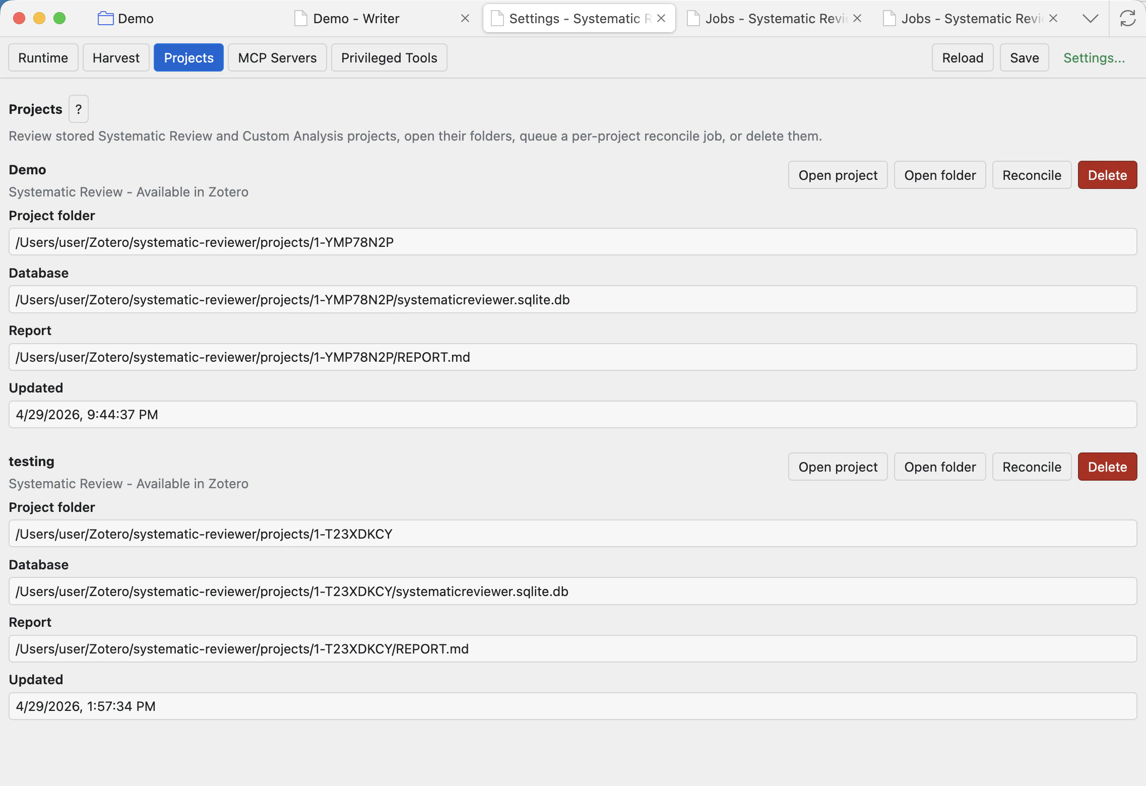 Settings Projects tab showing Demo and testing project cards with Open project, Open folder, Reconcile, Delete, and project paths.