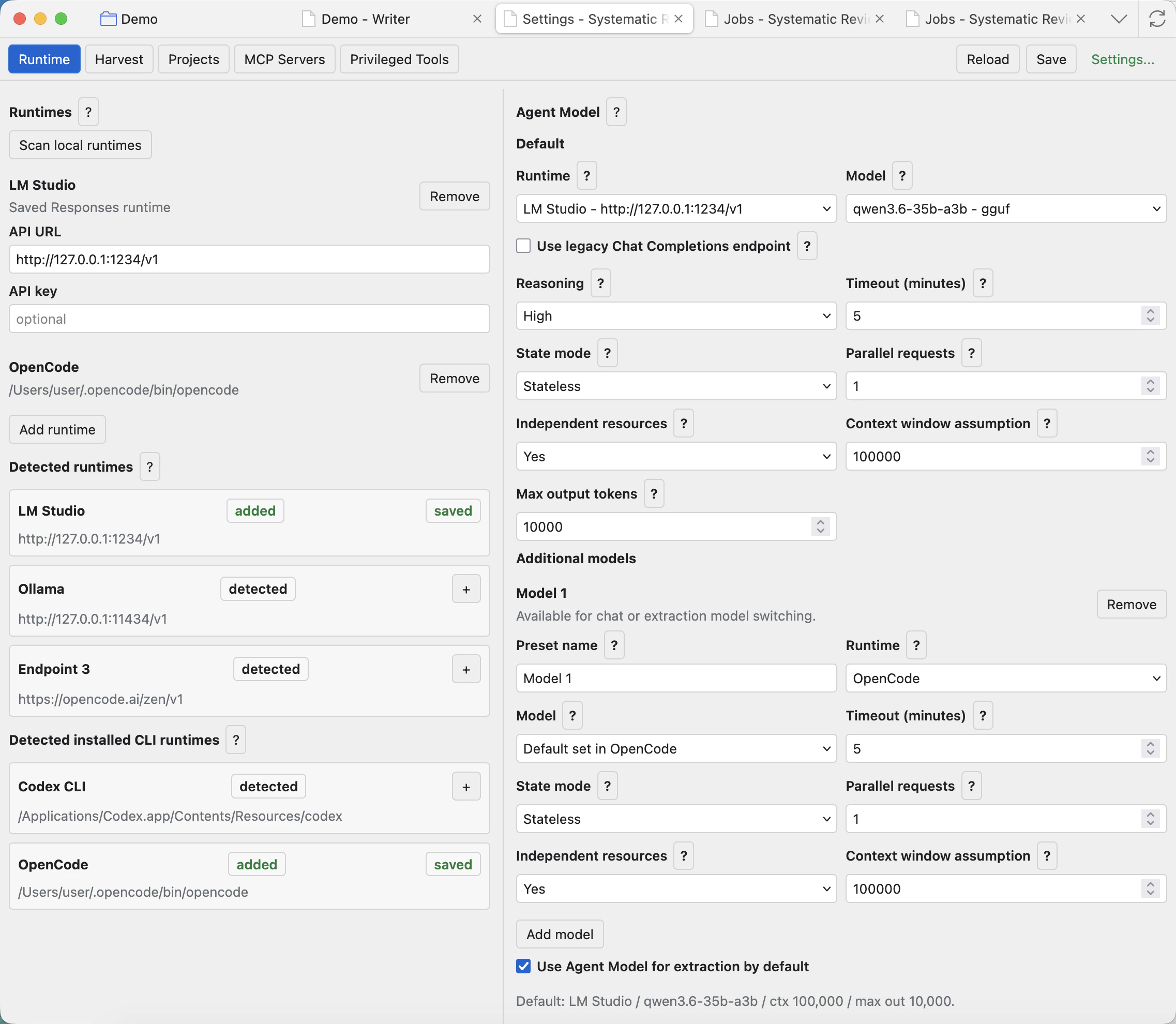 Settings Runtime tab showing saved API and CLI runtimes, detected runtimes, Agent Model preset, OpenCode preset, context, reasoning, and legacy Chat Completions checkbox.