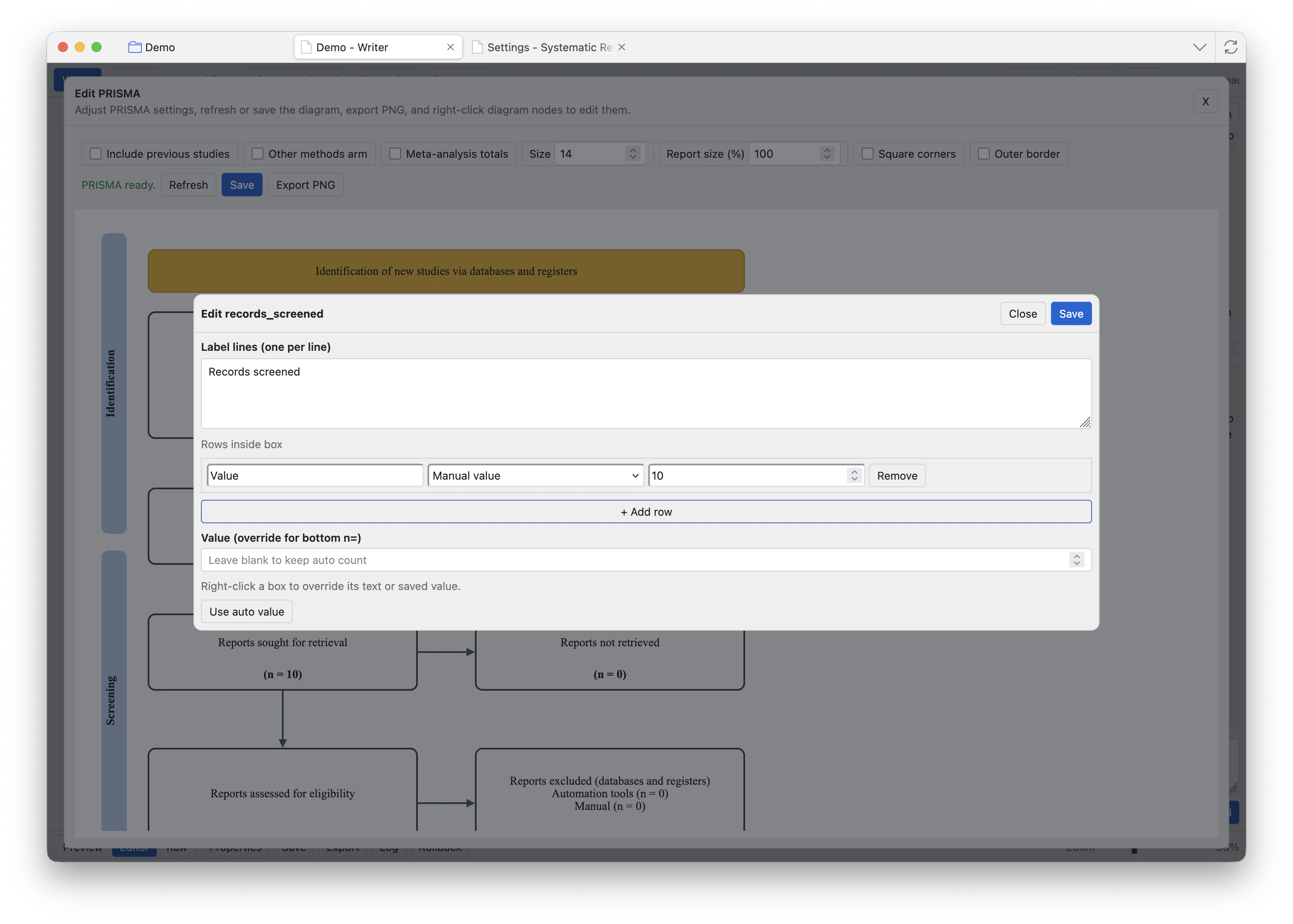 PRISMA editor modal for adjusting the diagram inside Systematic Reviewer.