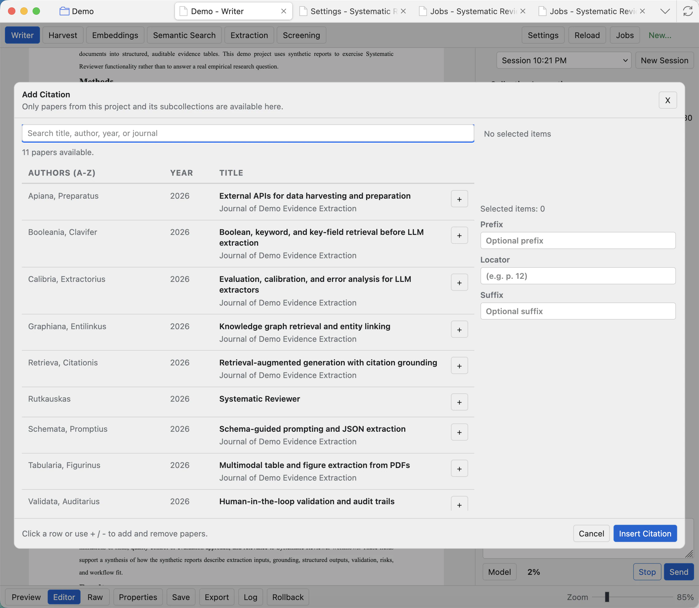 Add Citation modal with search box, paper results, selected item area, prefix locator suffix fields, and Insert Citation button.