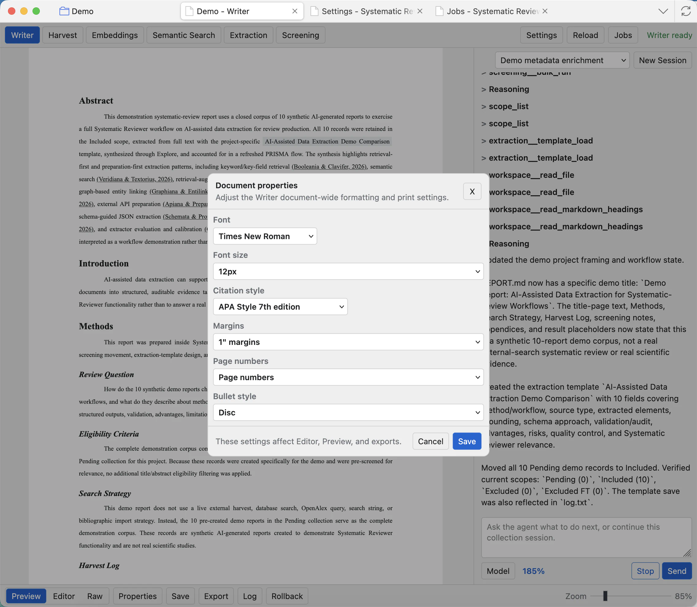 Document properties modal with report title, citation style, page settings, margin settings, font settings, and page-number options.