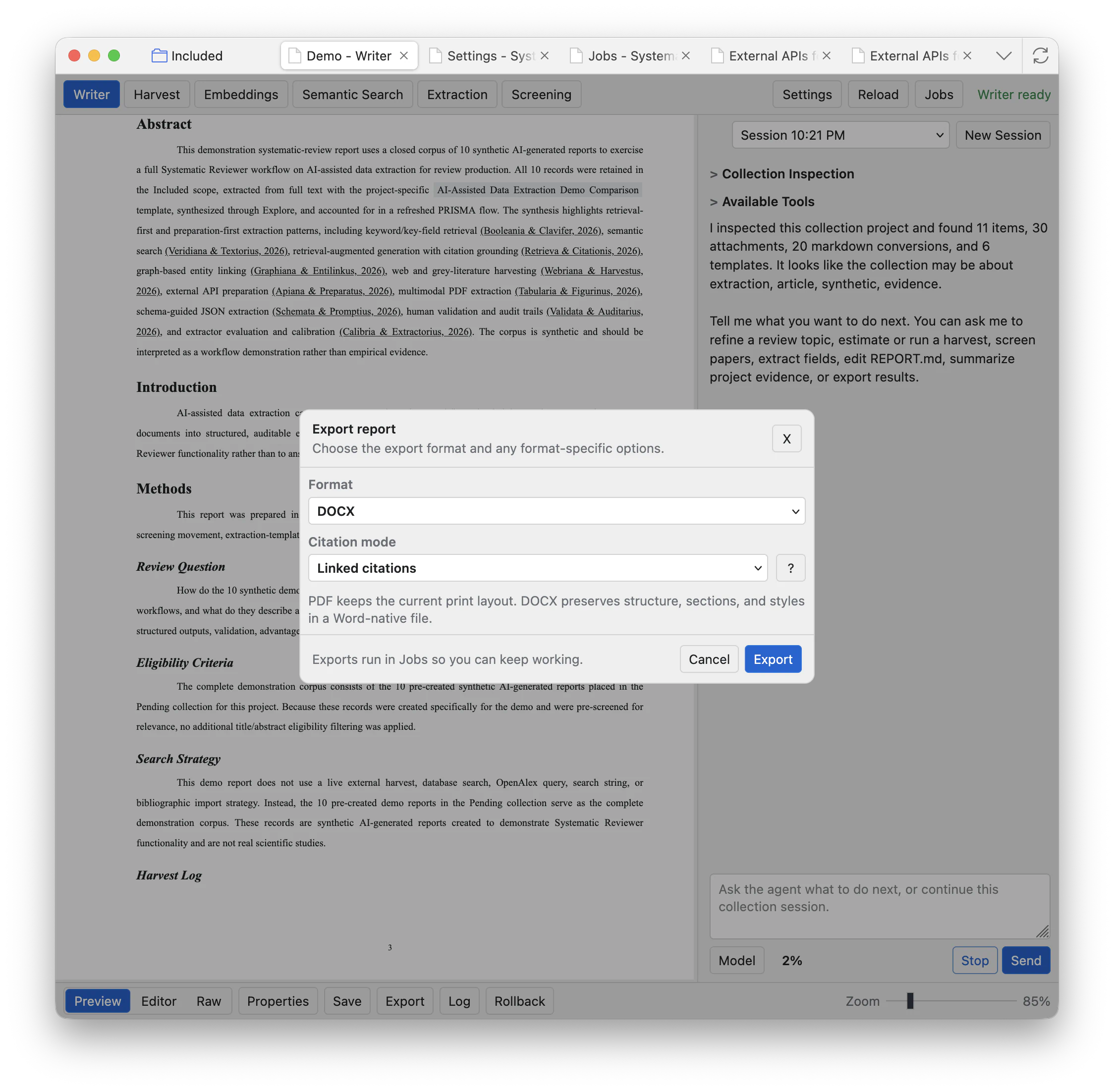 Export report modal with DOCX selected and Citation mode set to Linked citations.