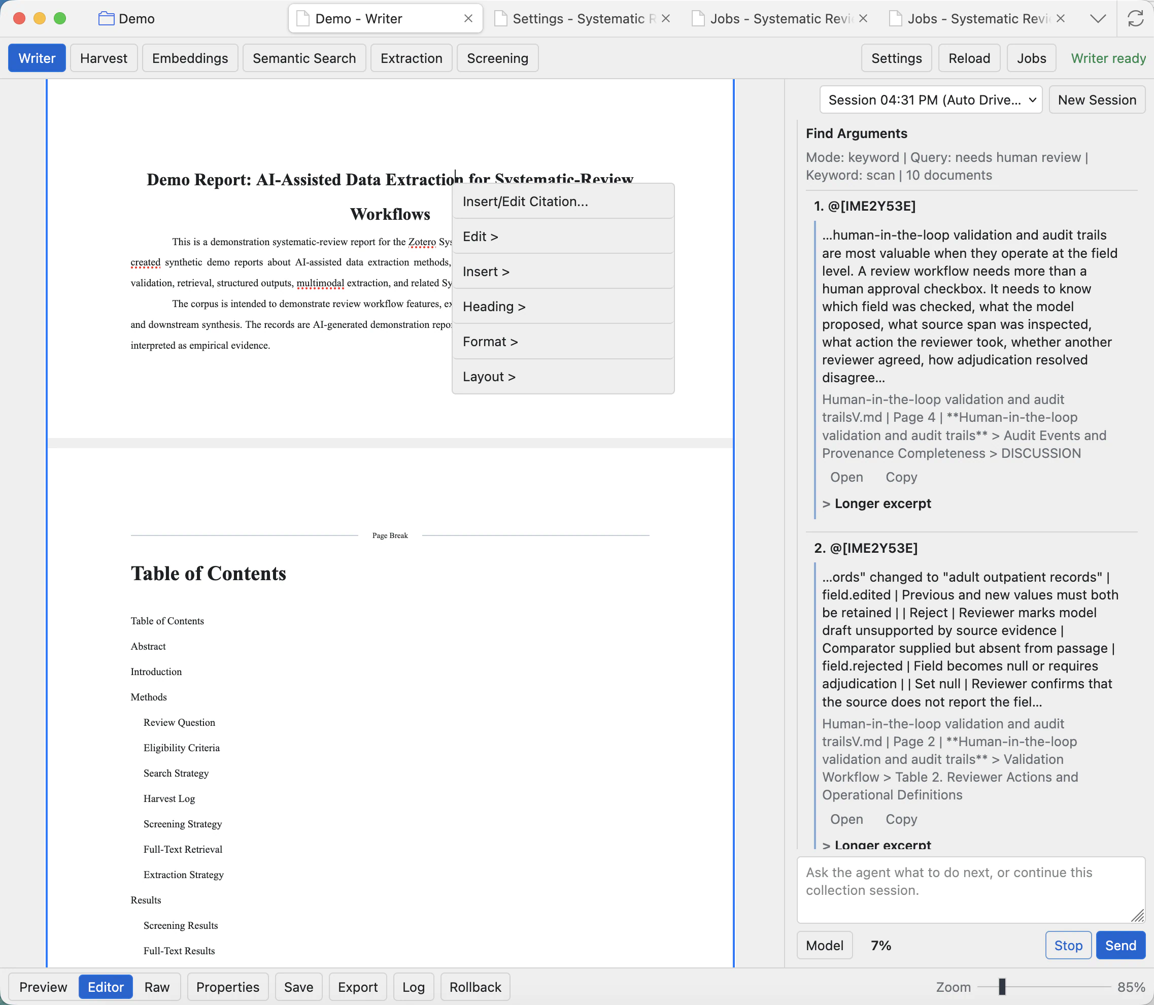 Writer Editor mode with the secondary-click context menu open, showing citation, edit, insert, heading, format, and layout actions.