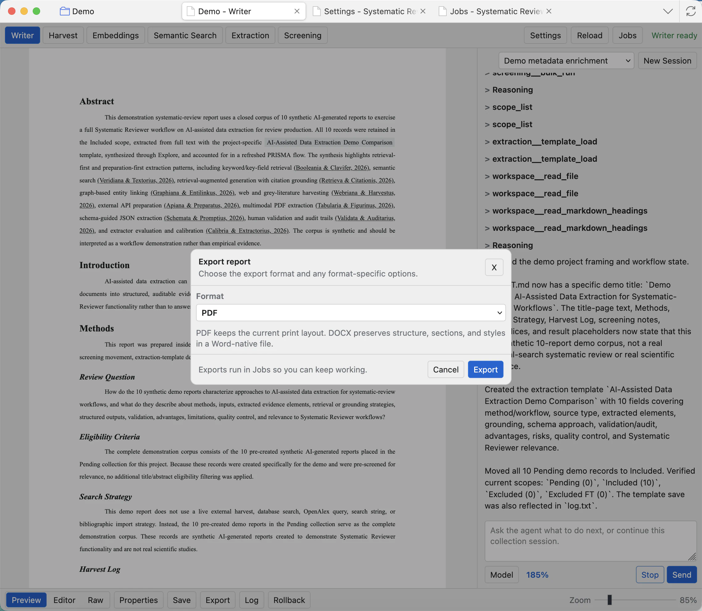Export report modal with output format selection and Export button.
